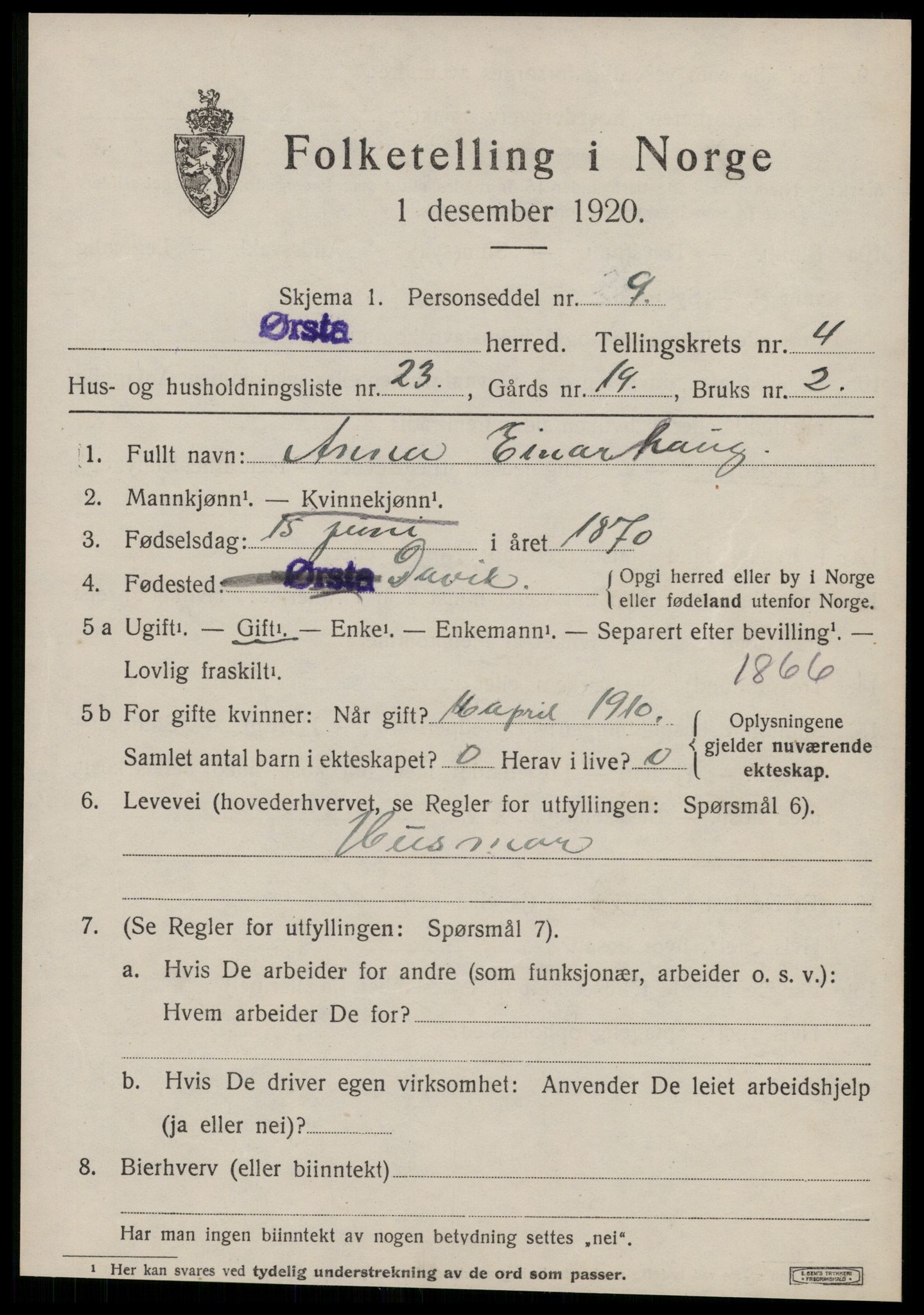 SAT, 1920 census for Ørsta, 1920, p. 4264