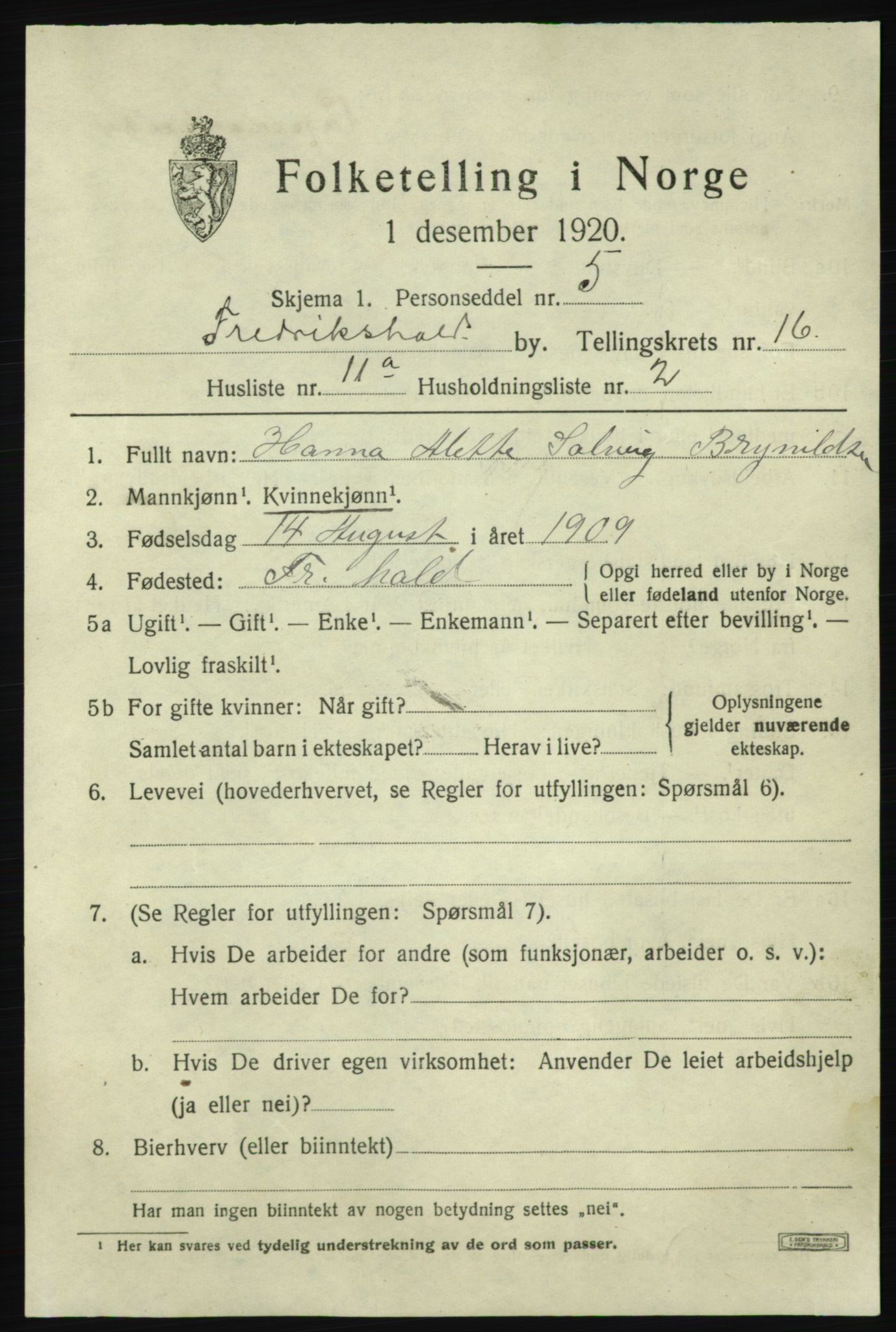 SAO, 1920 census for Fredrikshald, 1920, p. 25191