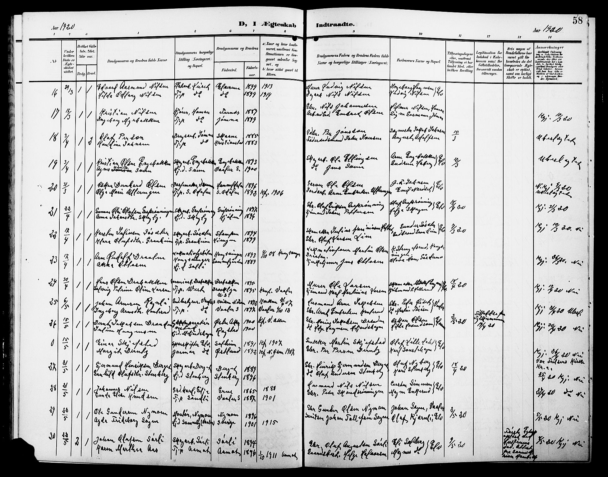 Elverum prestekontor, AV/SAH-PREST-044/H/Ha/Hab/L0009: Parish register (copy) no. 9, 1908-1921, p. 58