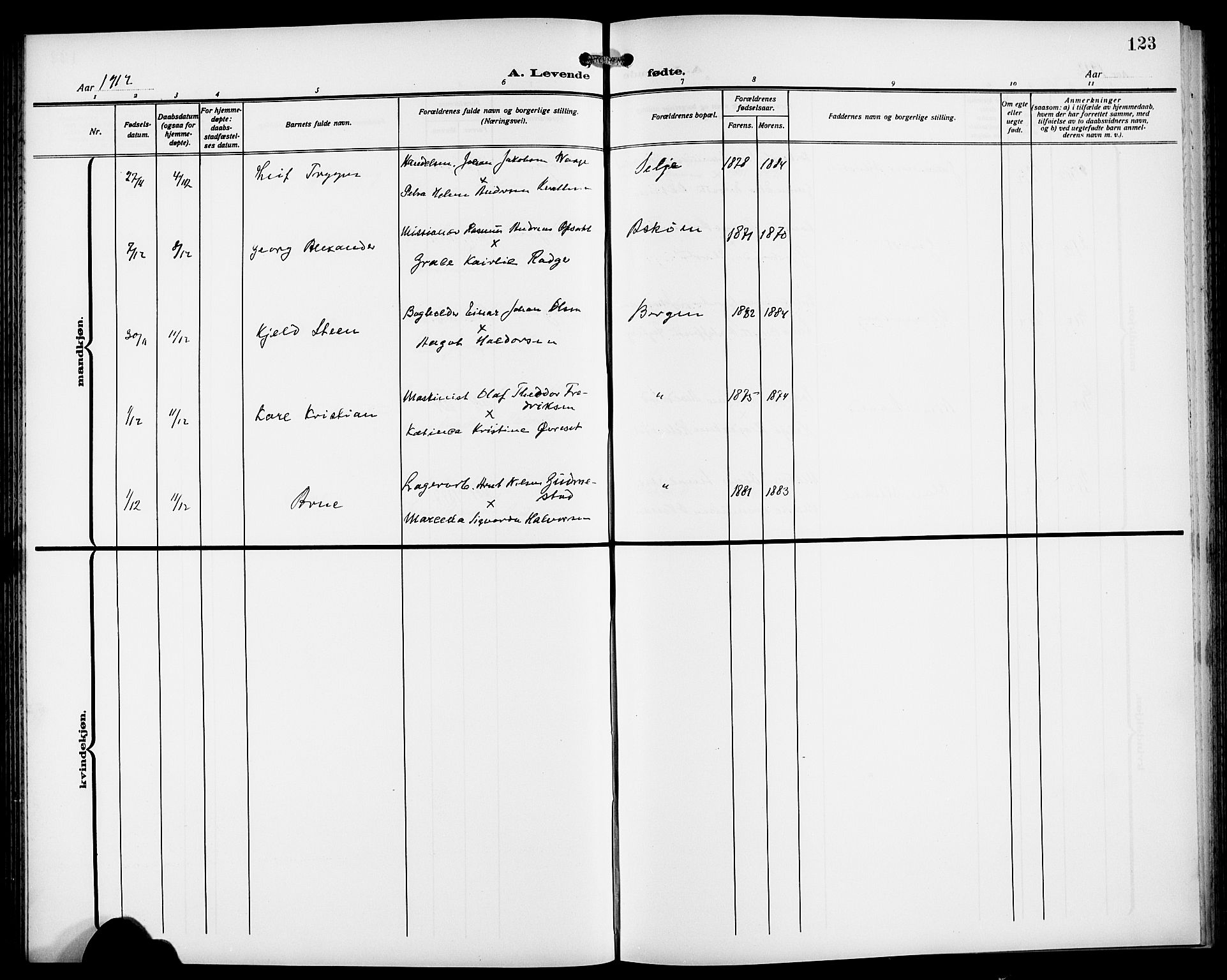 Fødselsstiftelsens sokneprestembete*, SAB/-: Parish register (copy) no. A 2, 1909-1916, p. 123