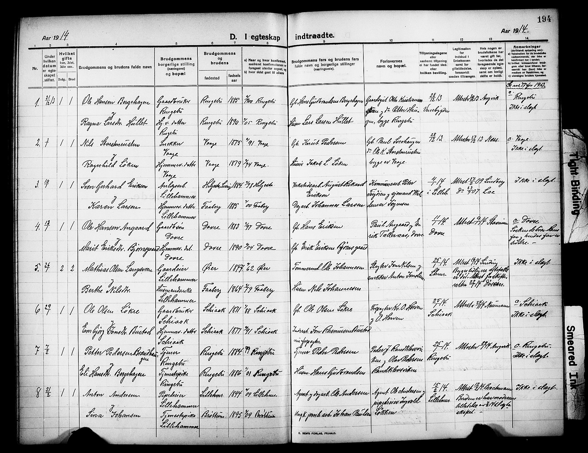 Lillehammer prestekontor, AV/SAH-PREST-088/H/Ha/Hab/L0002: Parish register (copy) no. 2, 1913-1929, p. 194