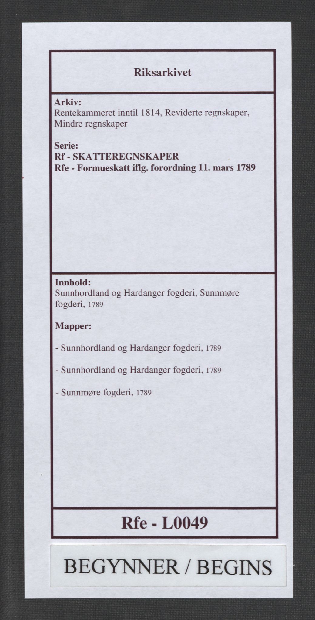 Rentekammeret inntil 1814, Reviderte regnskaper, Mindre regnskaper, AV/RA-EA-4068/Rf/Rfe/L0049: Sunnhordland og Hardanger fogderi, Sunnmøre fogderi, 1789, p. 1