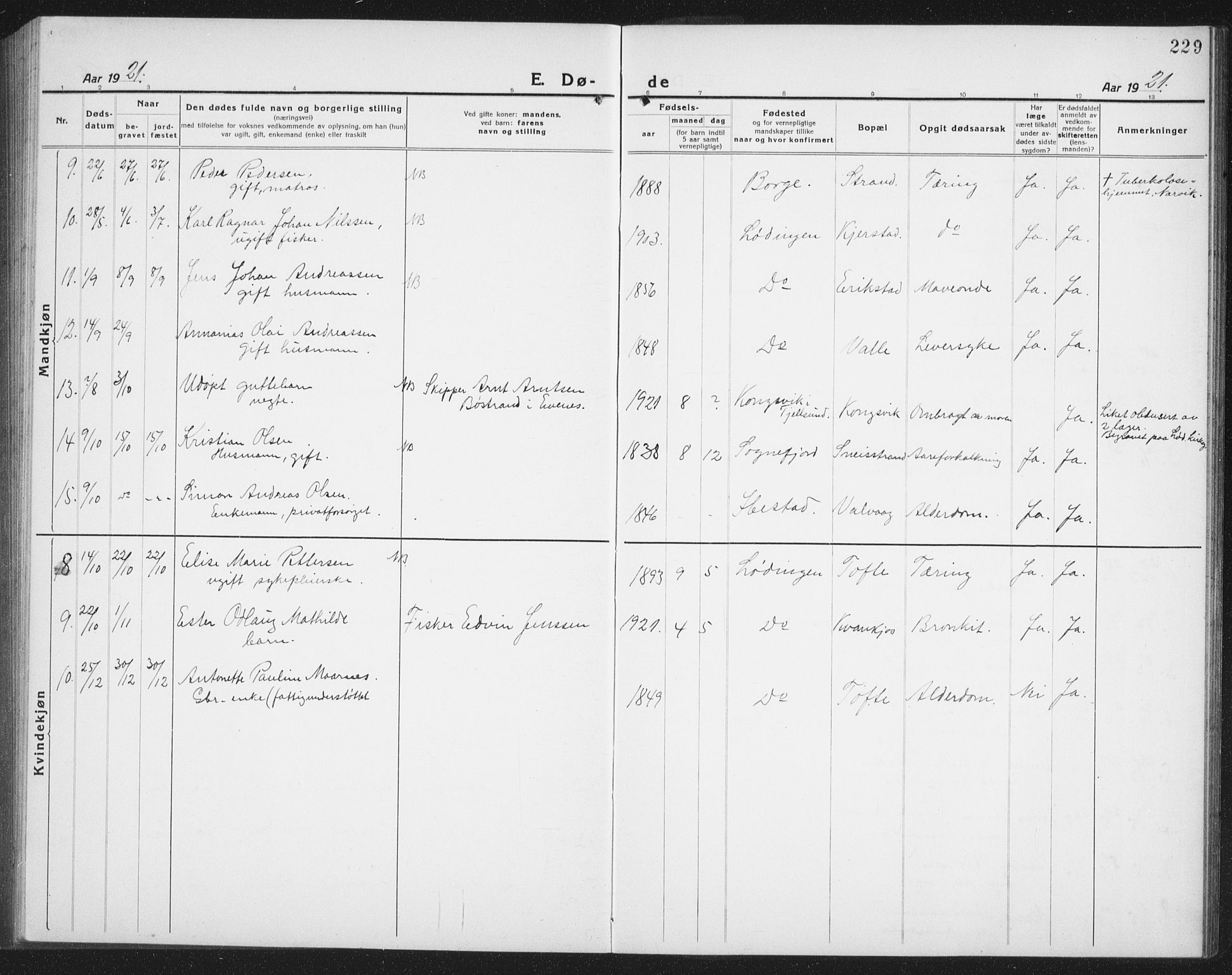 Ministerialprotokoller, klokkerbøker og fødselsregistre - Nordland, AV/SAT-A-1459/872/L1049: Parish register (copy) no. 872C05, 1920-1938, p. 229