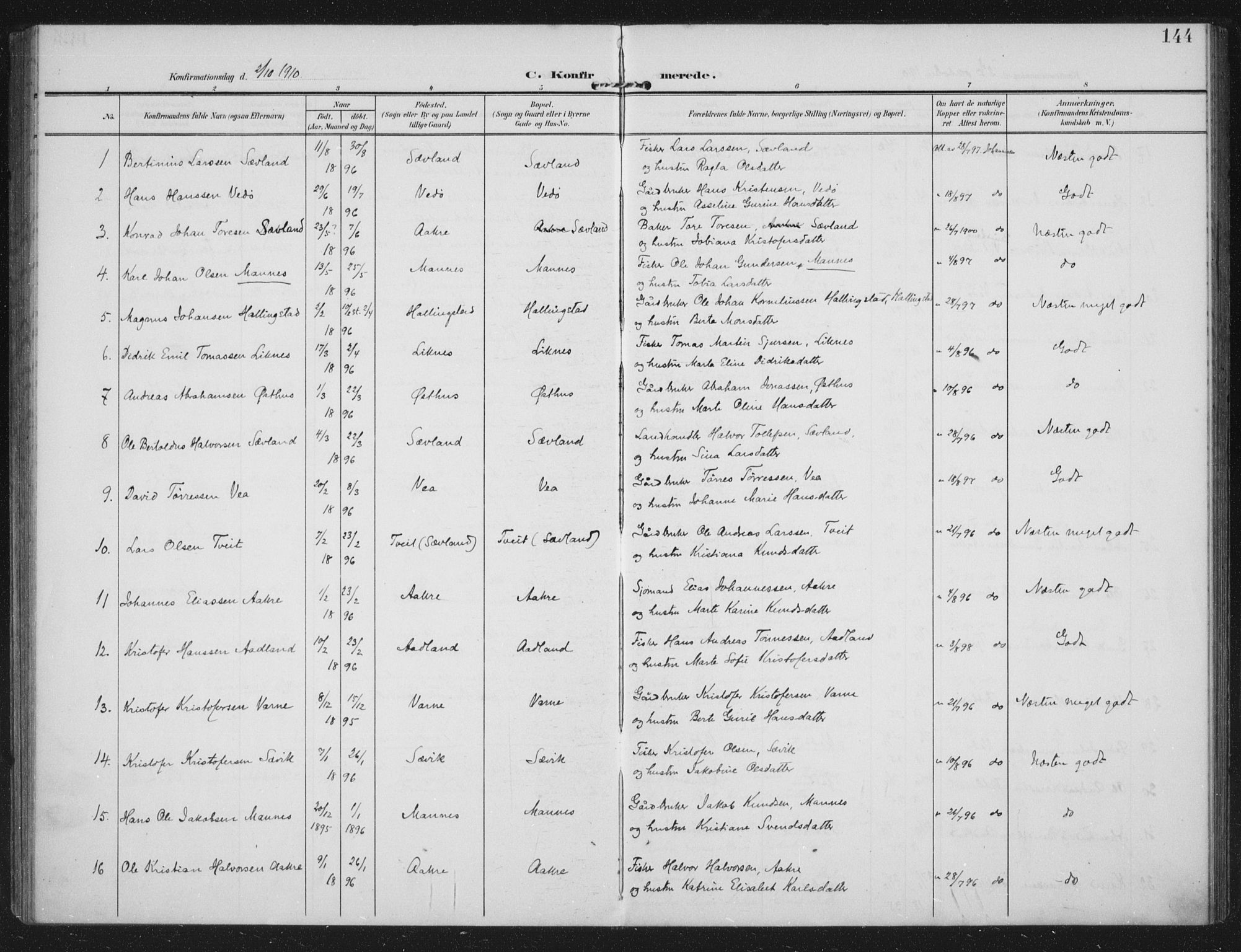 Kopervik sokneprestkontor, SAST/A-101850/H/Ha/Haa/L0005: Parish register (official) no. A 5, 1906-1924, p. 144