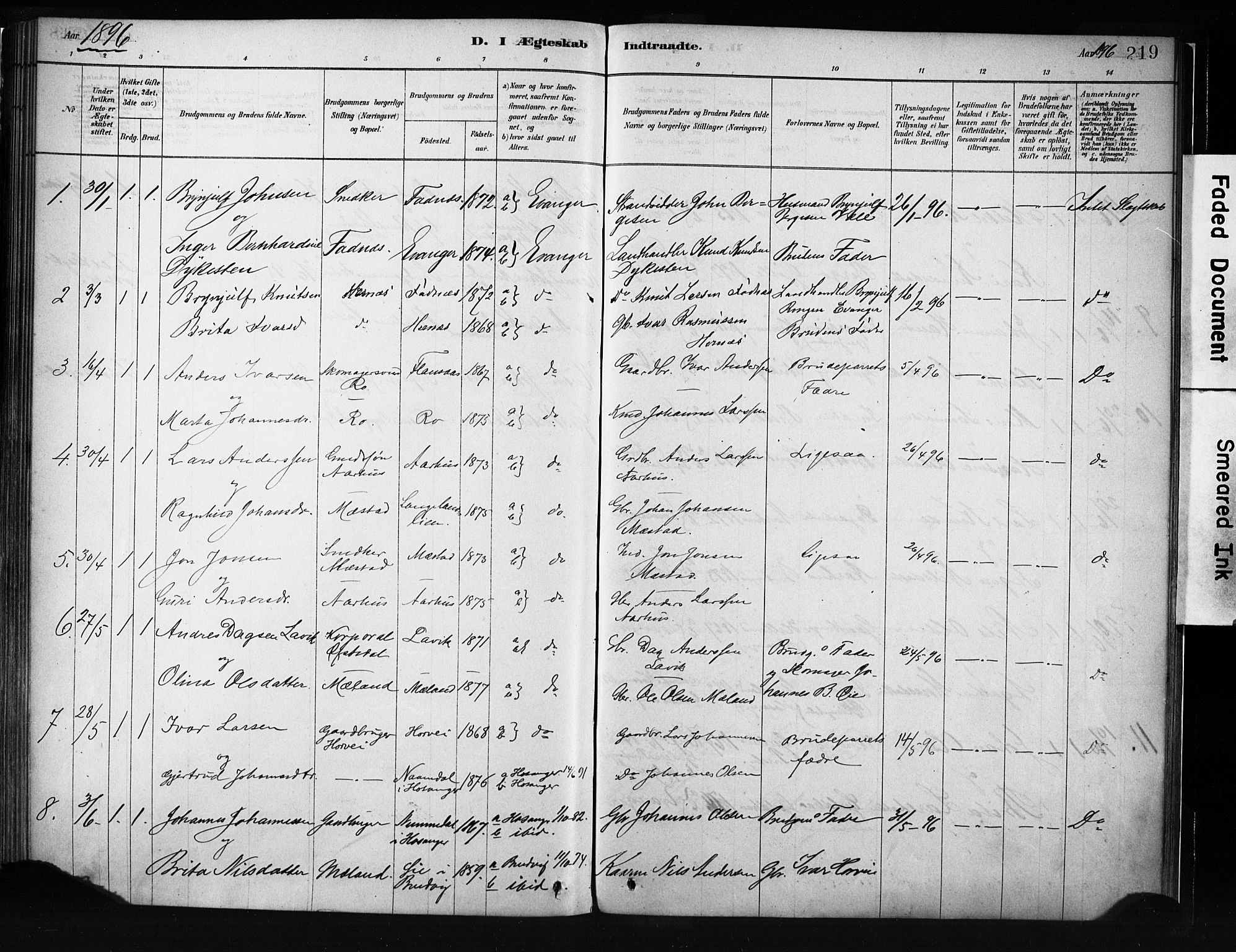 Evanger sokneprestembete, SAB/A-99924: Parish register (official) no. A 1, 1877-1899, p. 219