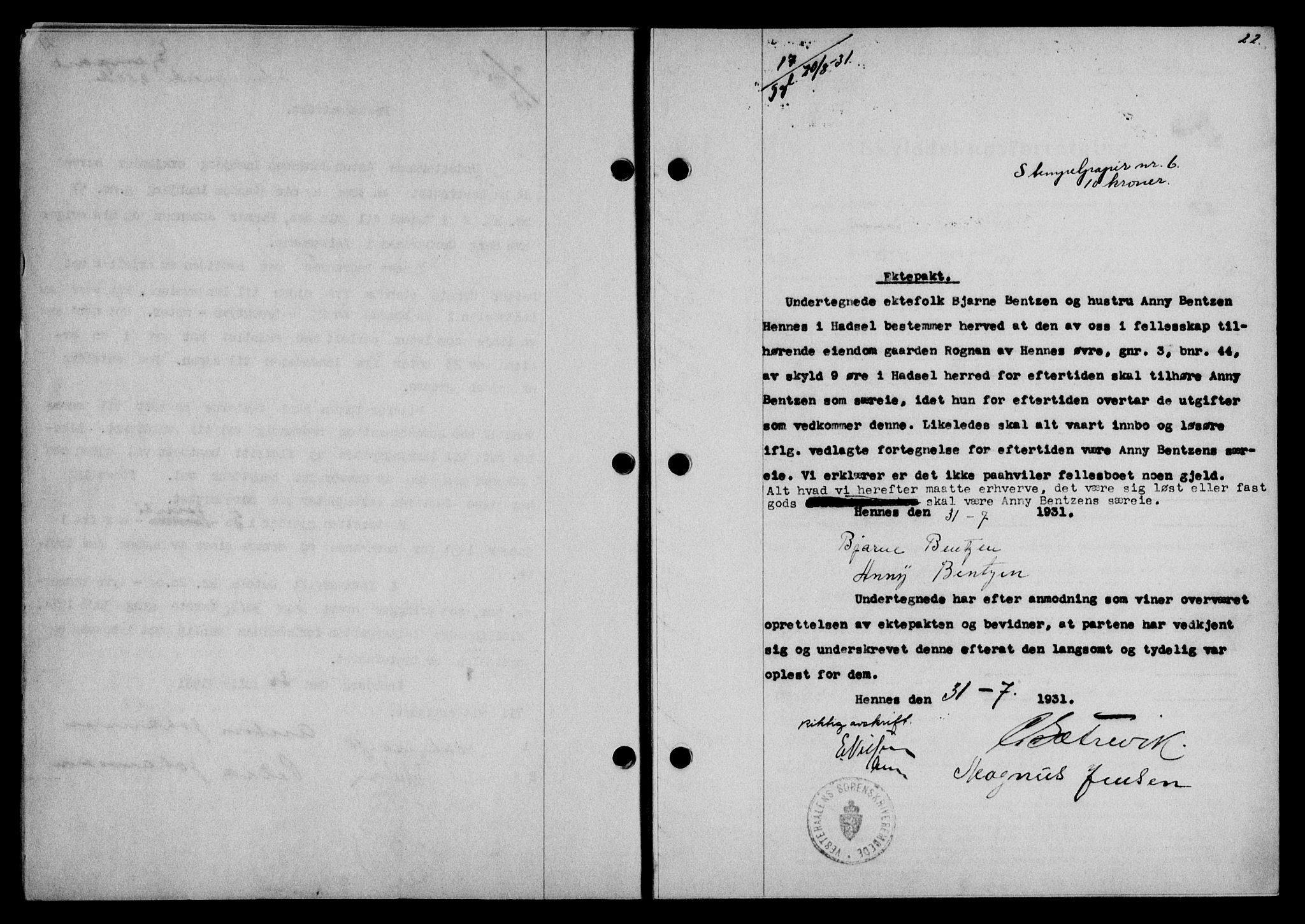 Vesterålen sorenskriveri, SAT/A-4180/1/2/2Ca/L0054: Mortgage book no. 47, 1931-1932, Deed date: 20.08.1931