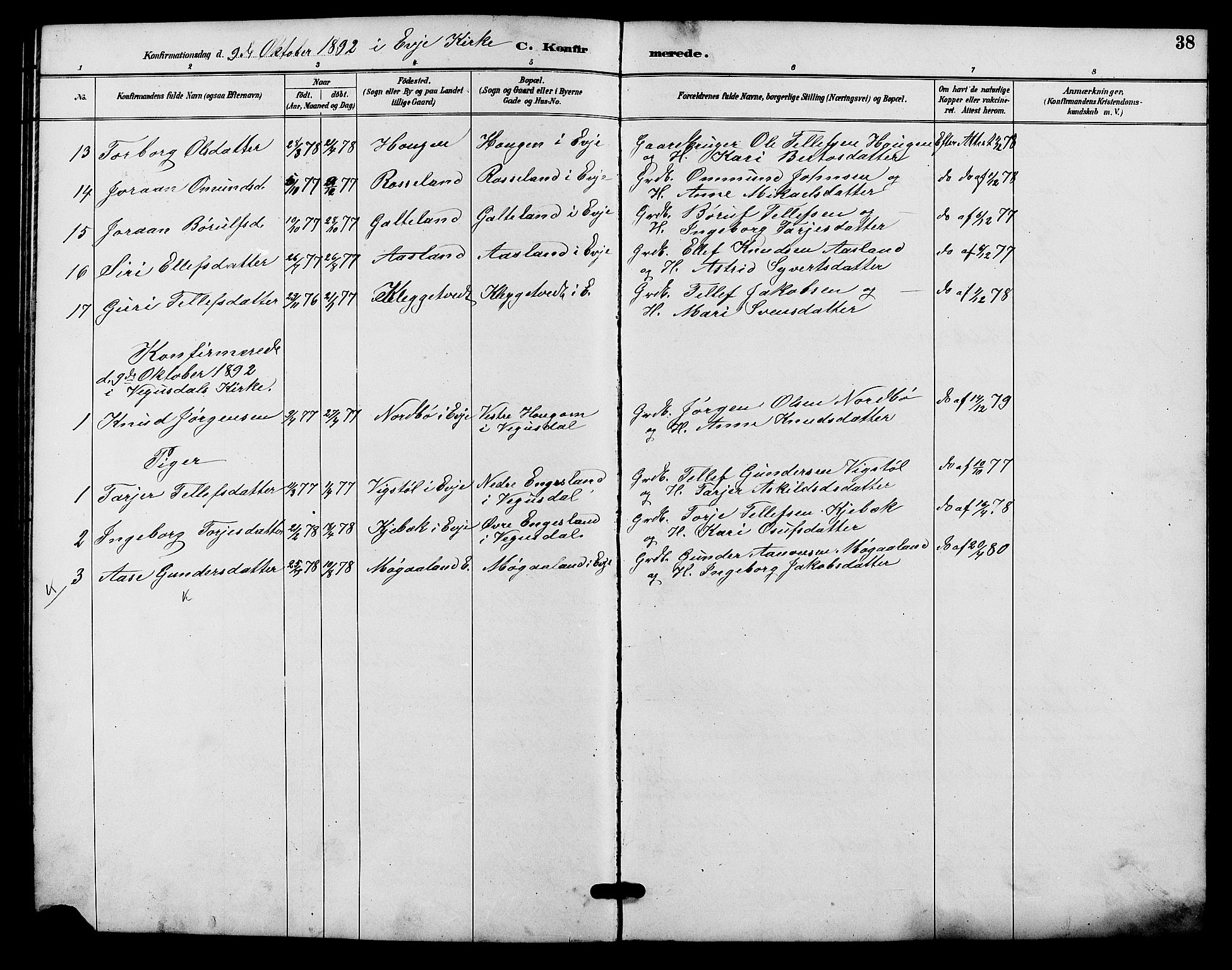 Evje sokneprestkontor, AV/SAK-1111-0008/F/Fb/Fba/L0003: Parish register (copy) no. B 3, 1888-1903, p. 38