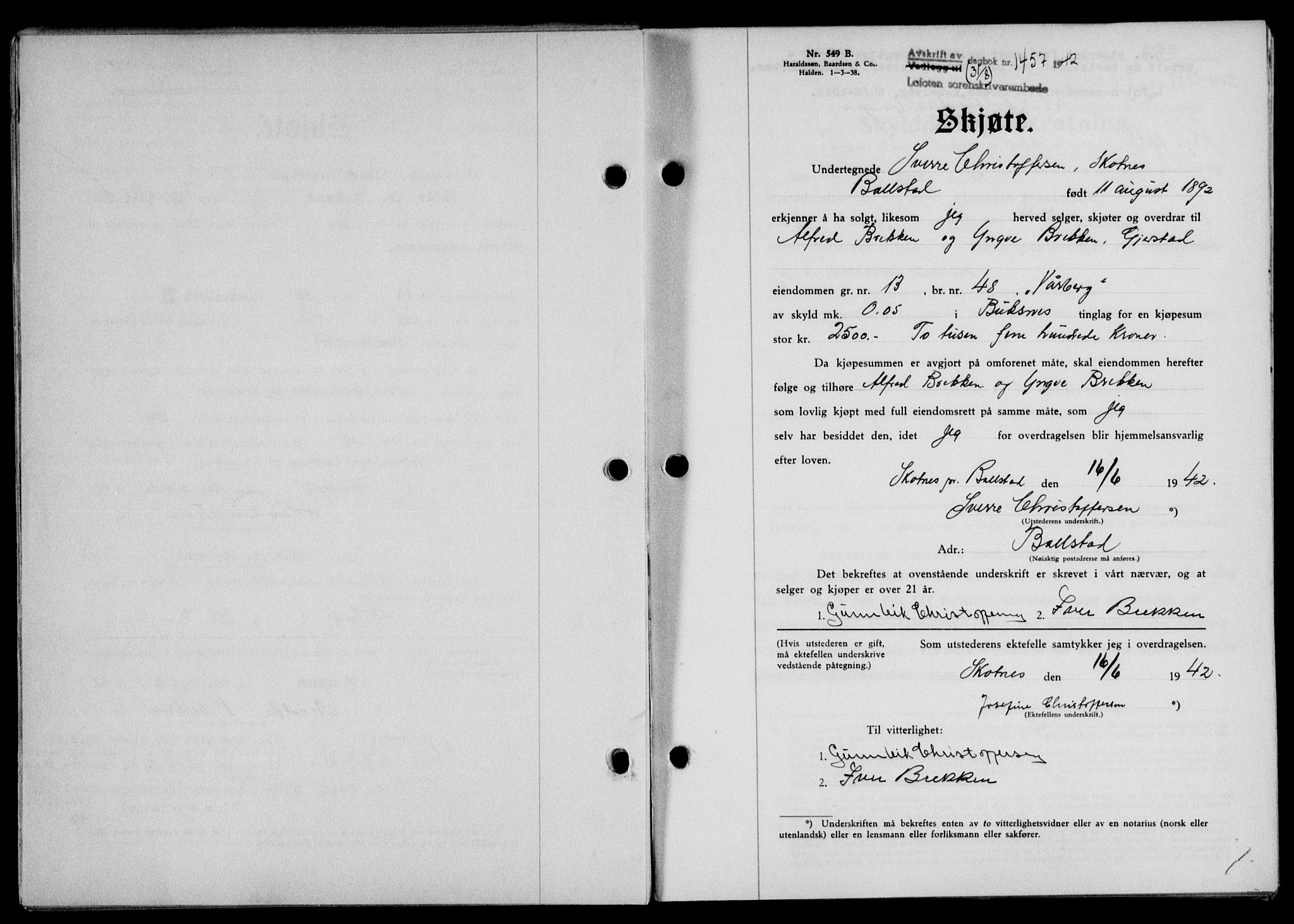 Lofoten sorenskriveri, SAT/A-0017/1/2/2C/L0010a: Mortgage book no. 10a, 1942-1943, Diary no: : 1457/1942