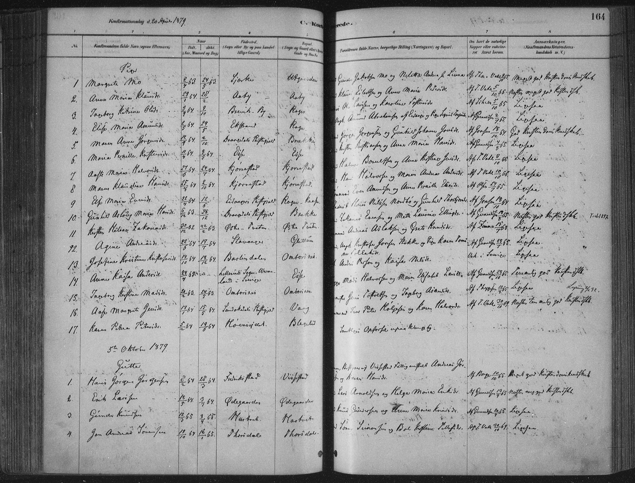 Bamble kirkebøker, AV/SAKO-A-253/F/Fa/L0007: Parish register (official) no. I 7, 1878-1888, p. 164