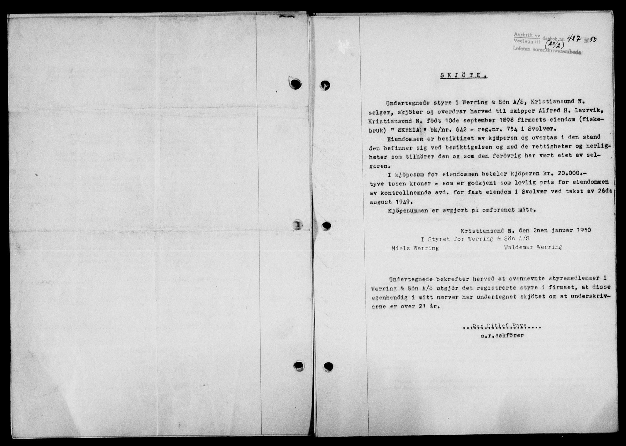 Lofoten sorenskriveri, SAT/A-0017/1/2/2C/L0023a: Mortgage book no. 23a, 1950-1950, Diary no: : 487/1950