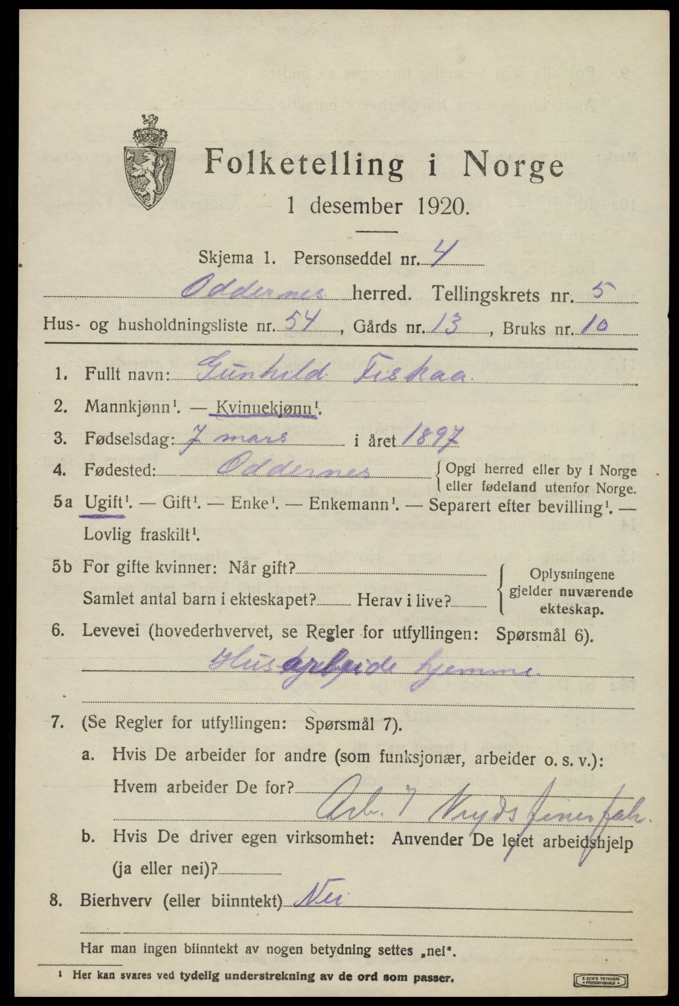 SAK, 1920 census for Oddernes, 1920, p. 4867