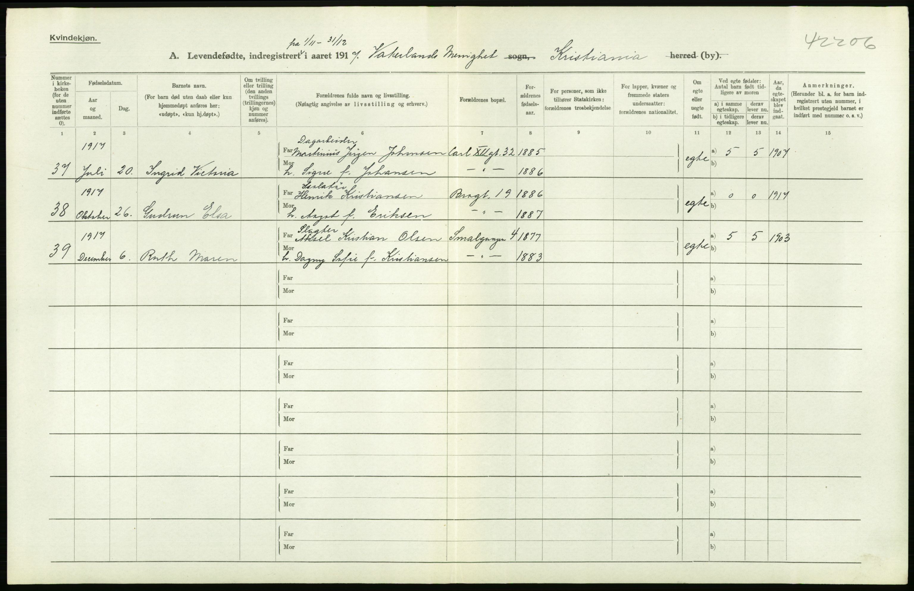 Statistisk sentralbyrå, Sosiodemografiske emner, Befolkning, AV/RA-S-2228/D/Df/Dfb/Dfbg/L0006: Kristiania: Levendefødte menn og kvinner., 1917, p. 538