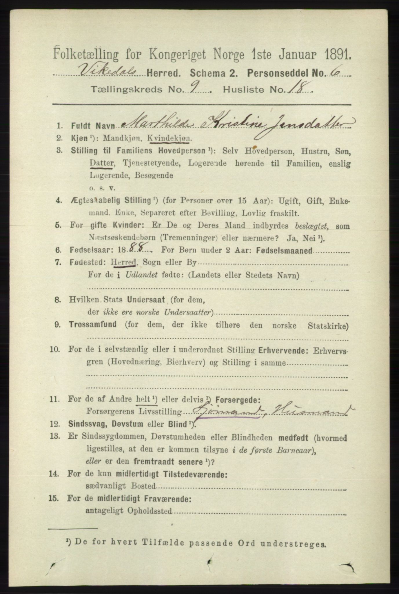 RA, 1891 census for 1157 Vikedal, 1891, p. 2452