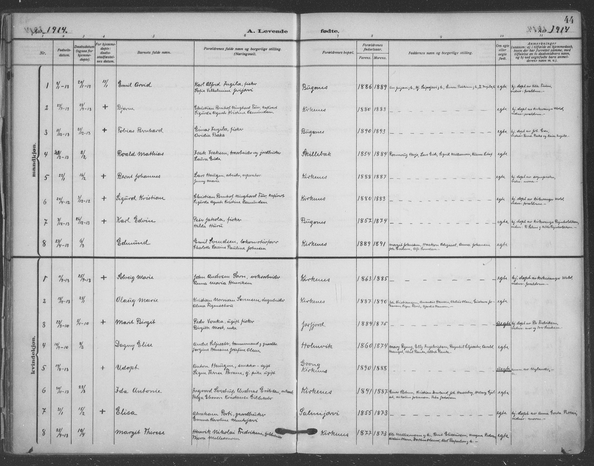 Sør-Varanger sokneprestkontor, SATØ/S-1331/H/Ha/L0005kirke: Parish register (official) no. 5, 1909-1919, p. 44