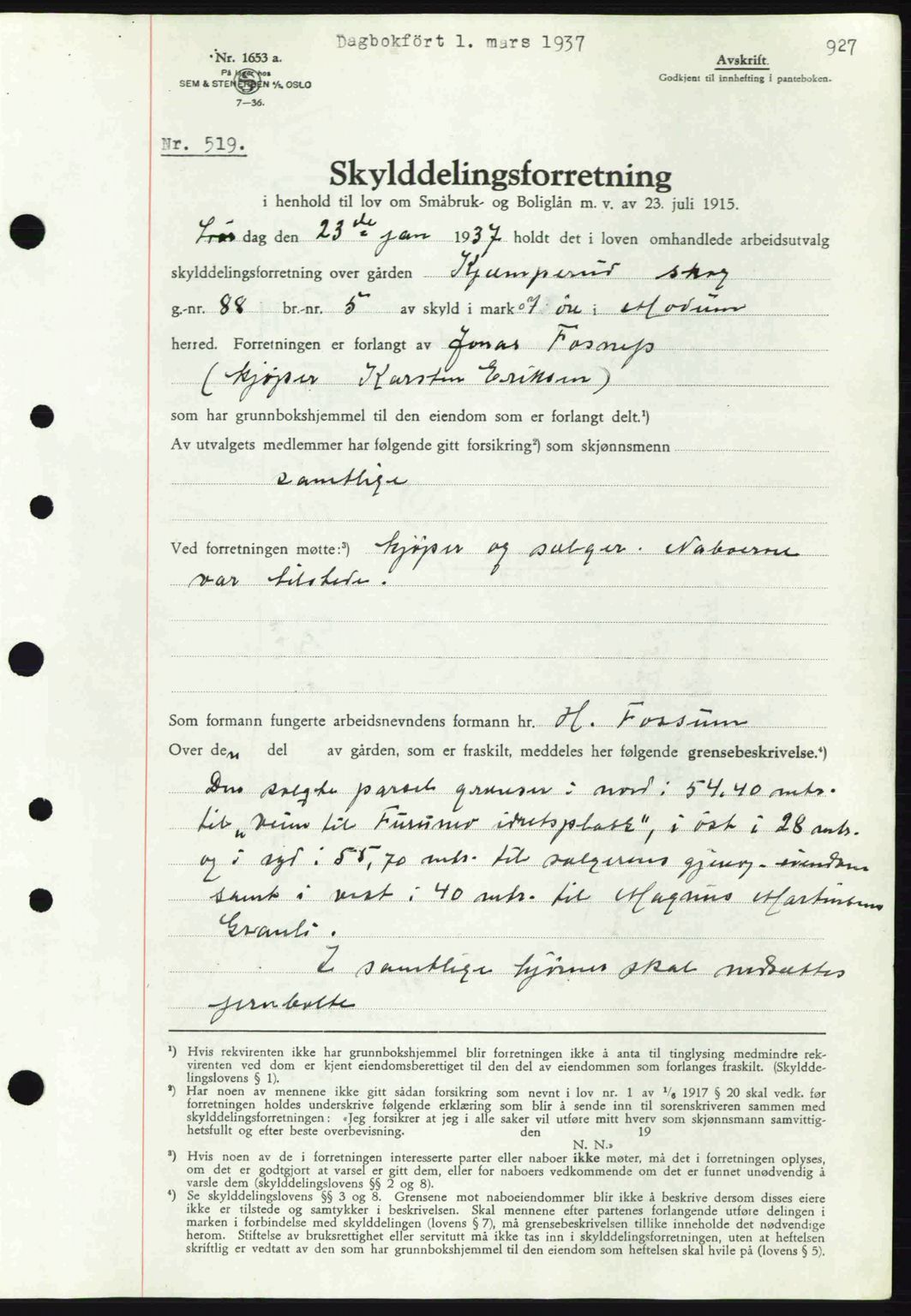 Eiker, Modum og Sigdal sorenskriveri, SAKO/A-123/G/Ga/Gab/L0034: Mortgage book no. A4, 1936-1937, Diary no: : 519/1937