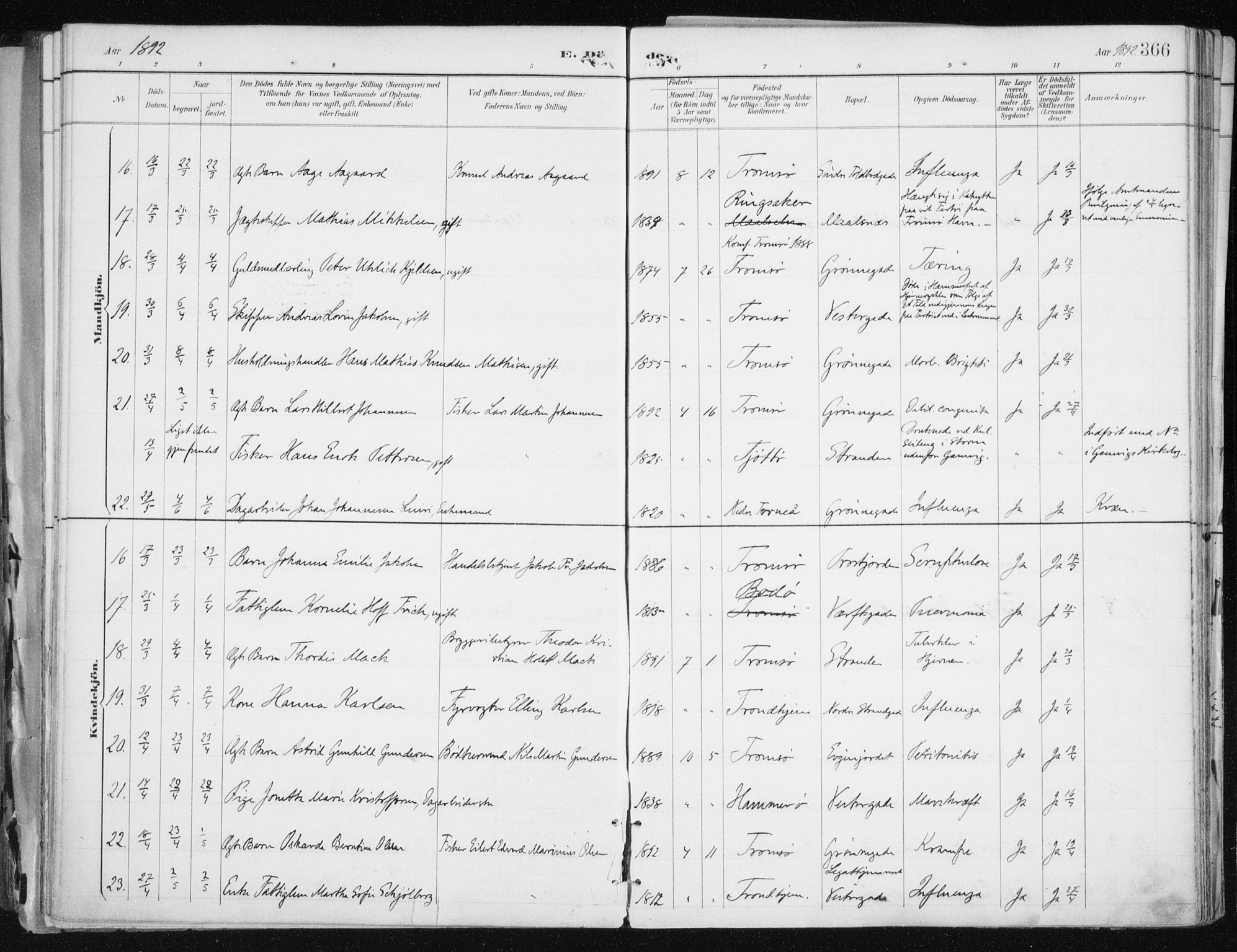 Tromsø sokneprestkontor/stiftsprosti/domprosti, AV/SATØ-S-1343/G/Ga/L0015kirke: Parish register (official) no. 15, 1889-1899, p. 366