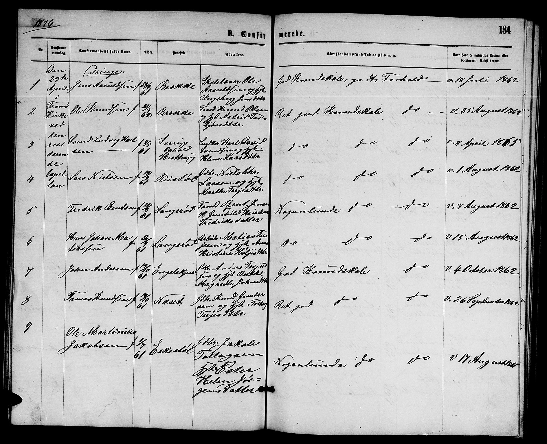 Austre Moland sokneprestkontor, AV/SAK-1111-0001/F/Fb/Fba/L0002: Parish register (copy) no. B 2, 1869-1879, p. 134