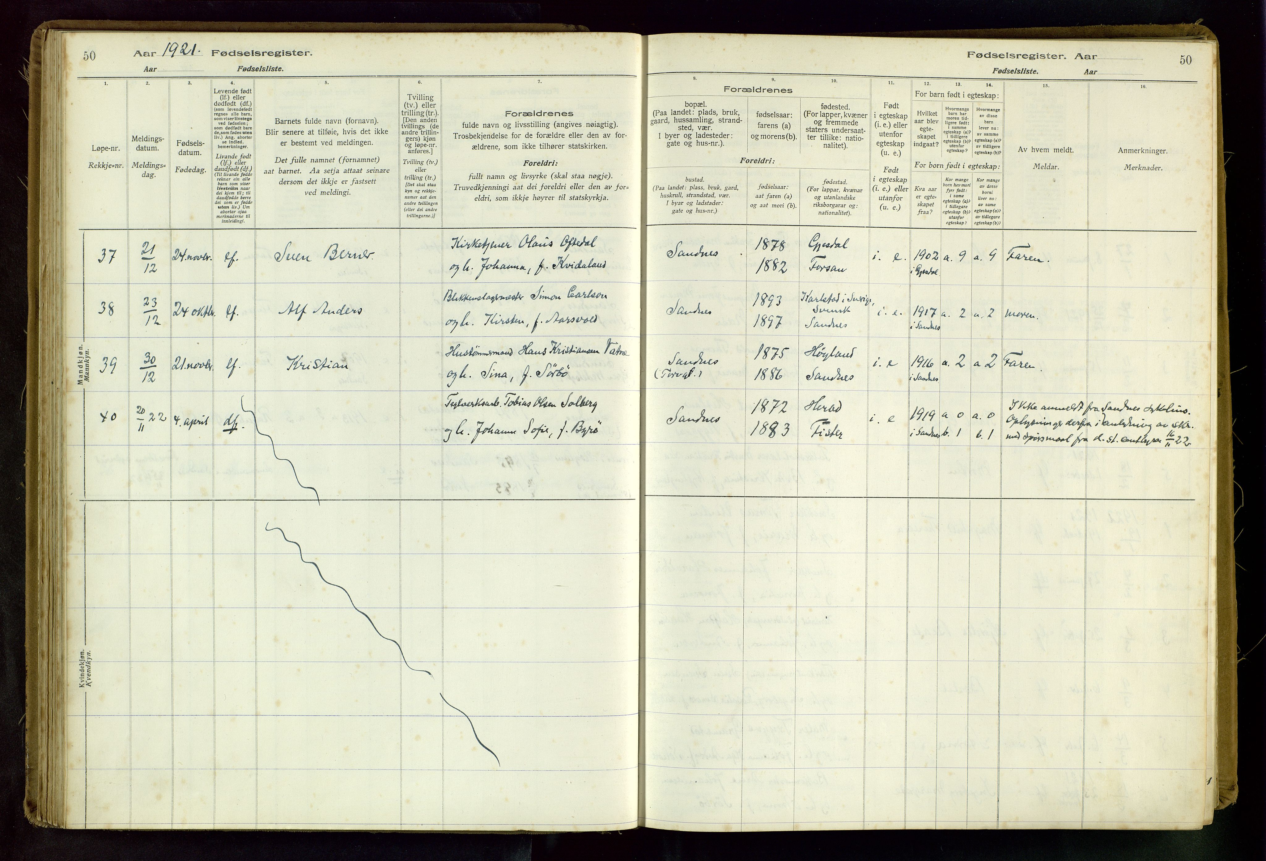 Sandnes sokneprestkontor, AV/SAST-A-101800/704BA/L0001: Birth register no. 1, 1916-1942, p. 50