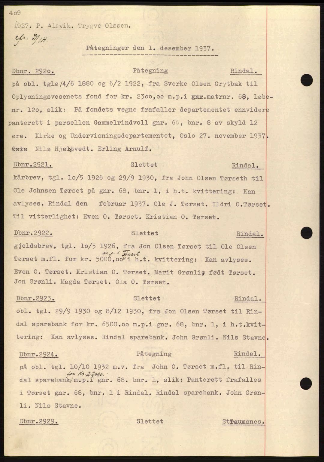 Nordmøre sorenskriveri, AV/SAT-A-4132/1/2/2Ca: Mortgage book no. C80, 1936-1939, Diary no: : 2920/1937