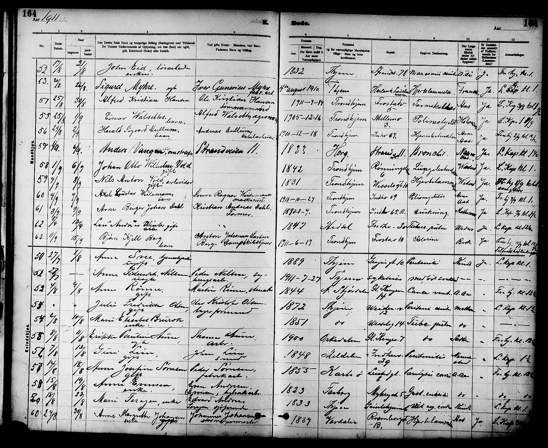 Ministerialprotokoller, klokkerbøker og fødselsregistre - Sør-Trøndelag, SAT/A-1456/605/L0255: Parish register (copy) no. 605C02, 1908-1918, p. 164