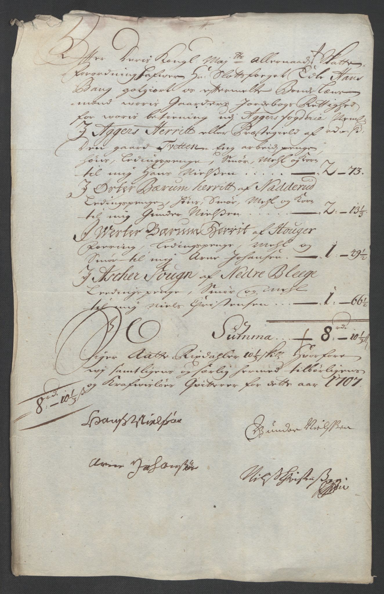 Rentekammeret inntil 1814, Reviderte regnskaper, Fogderegnskap, AV/RA-EA-4092/R10/L0447: Fogderegnskap Aker og Follo, 1707-1709, p. 160