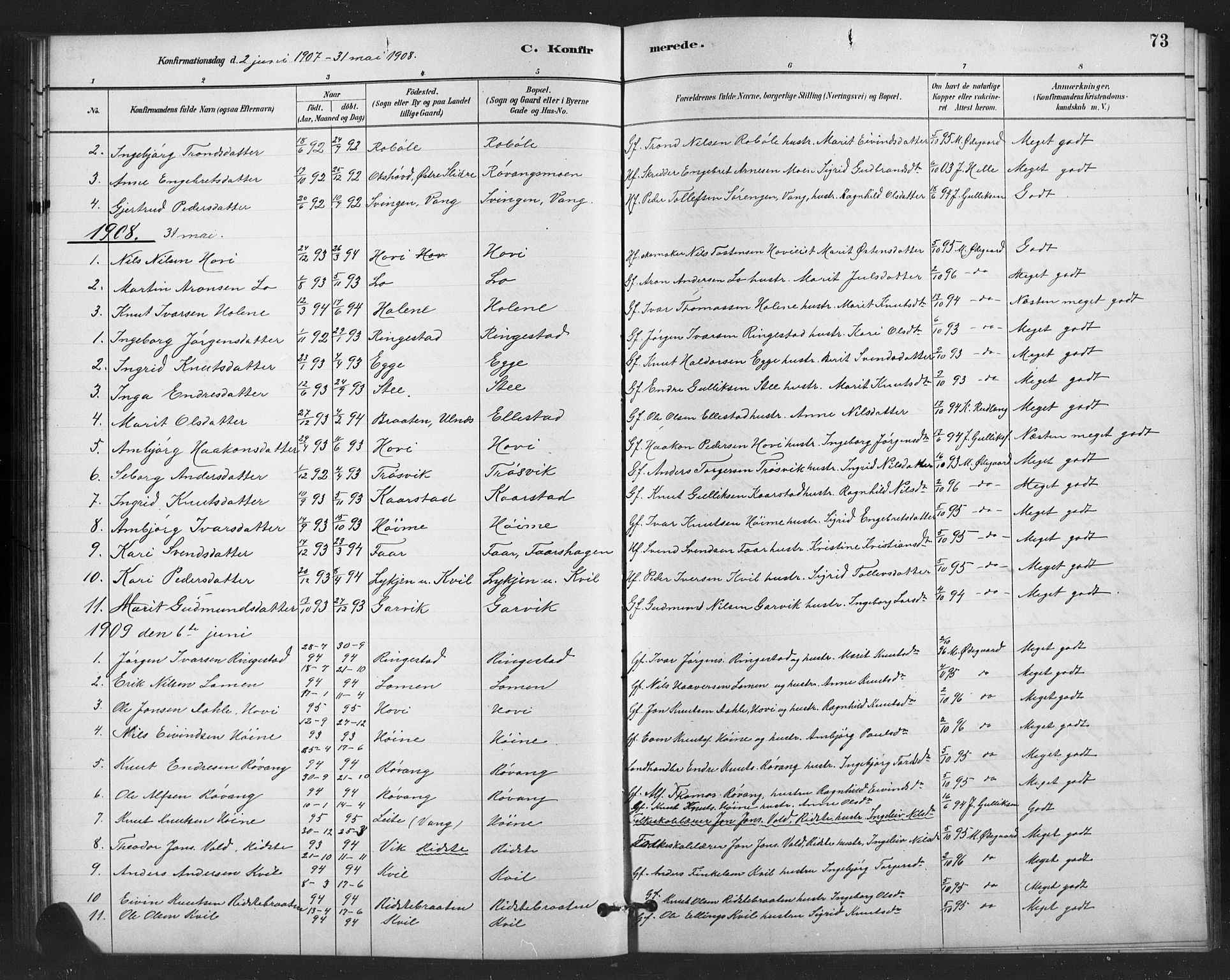 Vestre Slidre prestekontor, SAH/PREST-136/H/Ha/Hab/L0006: Parish register (copy) no. 6, 1881-1915, p. 73