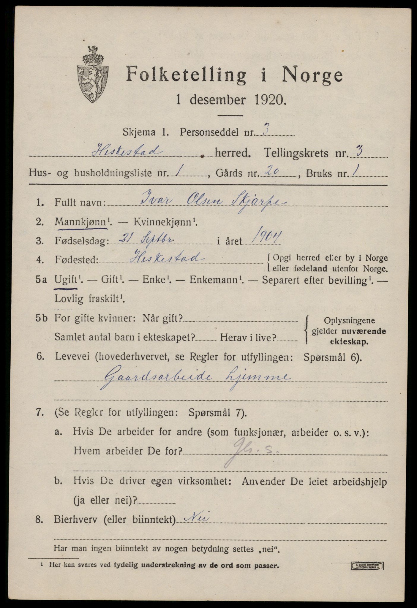 SAST, 1920 census for Heskestad, 1920, p. 941