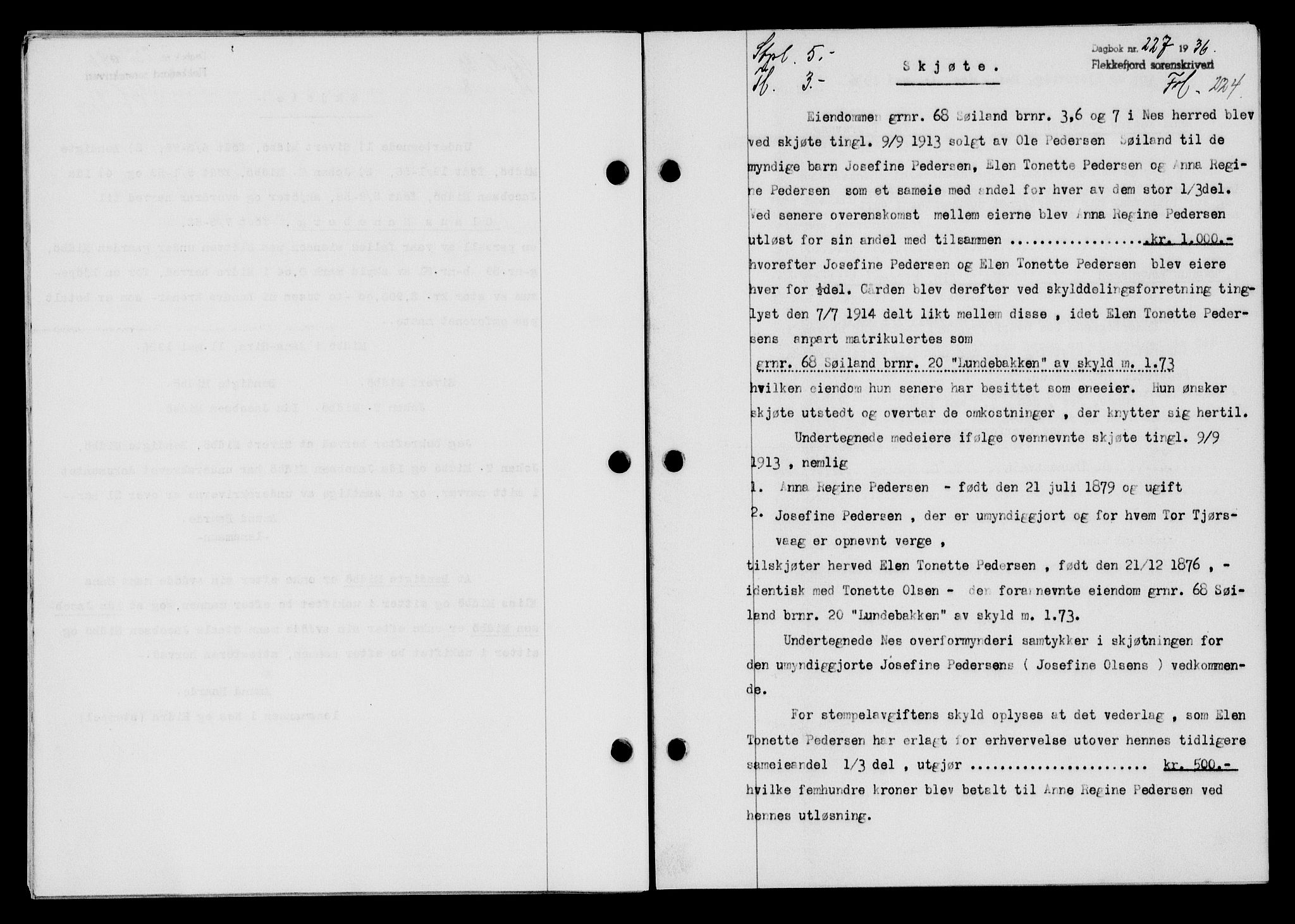 Flekkefjord sorenskriveri, SAK/1221-0001/G/Gb/Gba/L0053: Mortgage book no. A-1, 1936-1937, Diary no: : 227/1936