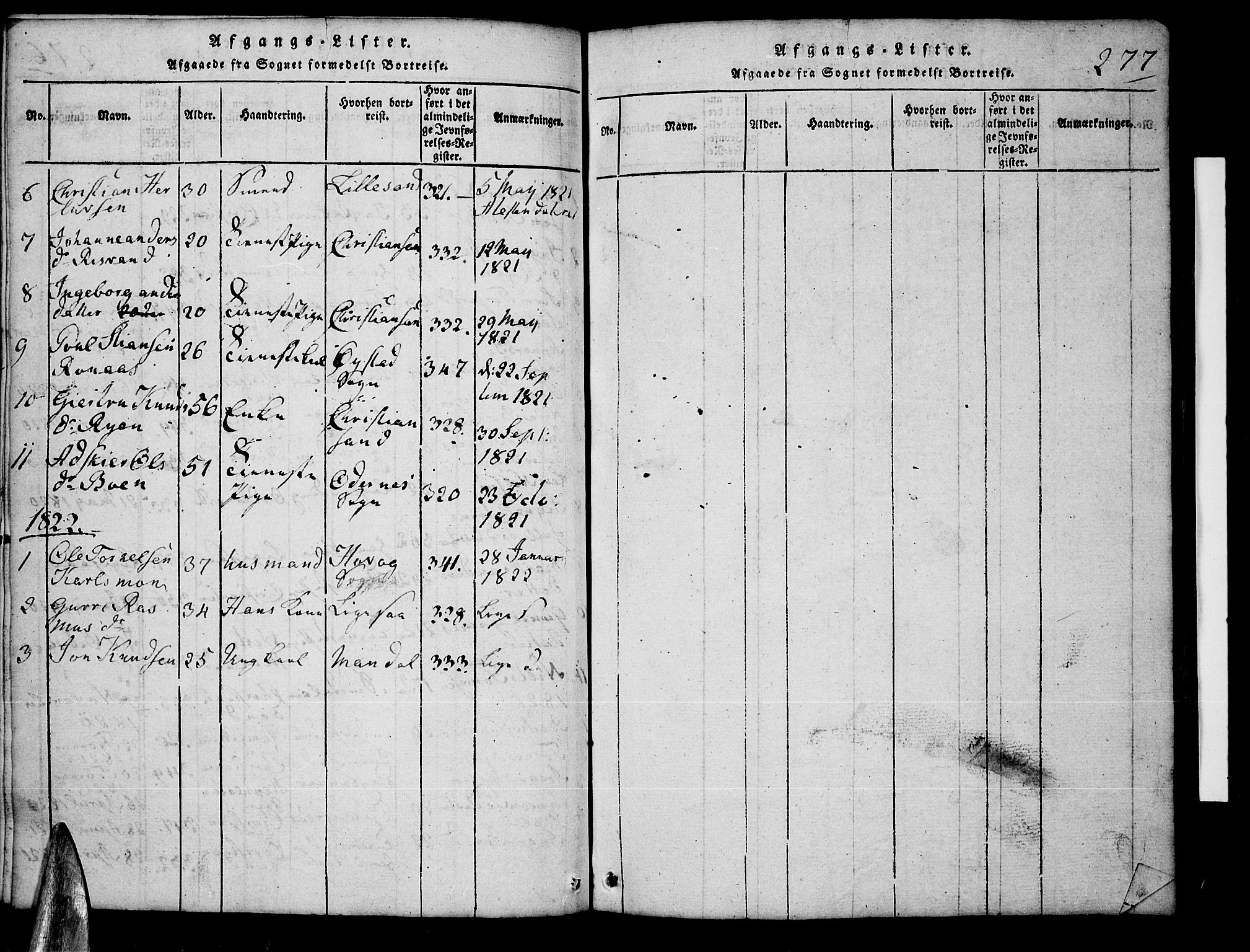 Tveit sokneprestkontor, AV/SAK-1111-0043/F/Fb/L0001: Parish register (copy) no. B 1, 1820-1834, p. 277