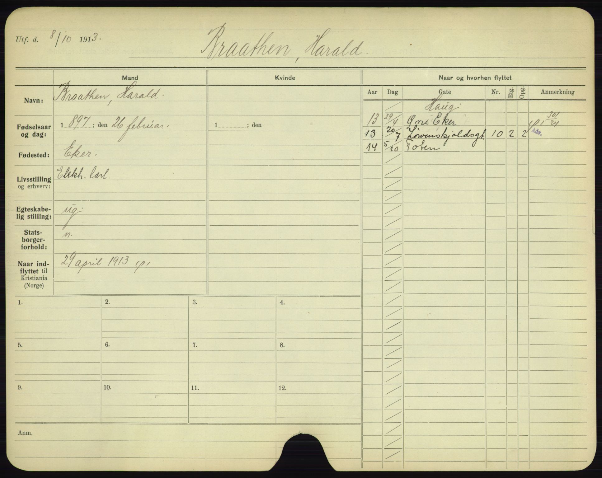 Oslo folkeregister, Registerkort, AV/SAO-A-11715/F/Fa/Fac/L0002: Menn, 1906-1914, p. 175a