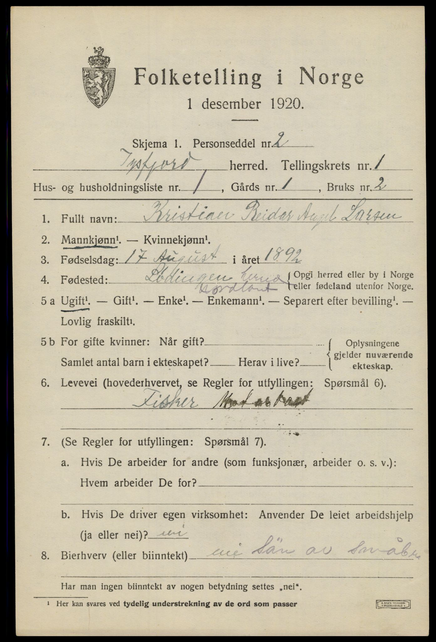 SAT, 1920 census for Tysfjord, 1920, p. 943