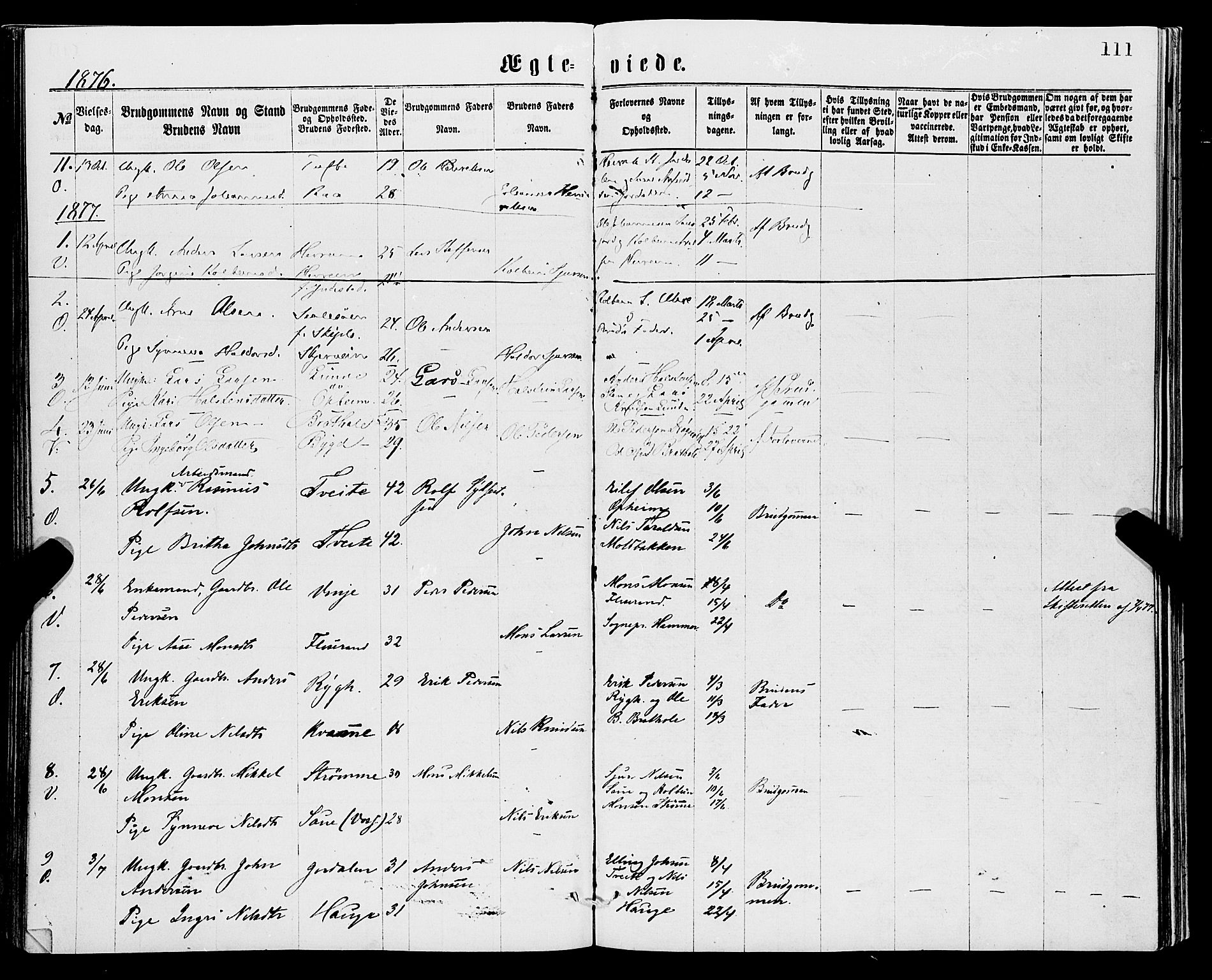 Vossestrand Sokneprestembete, AV/SAB-A-79101/H/Haa: Parish register (official) no. A 1, 1866-1877, p. 111