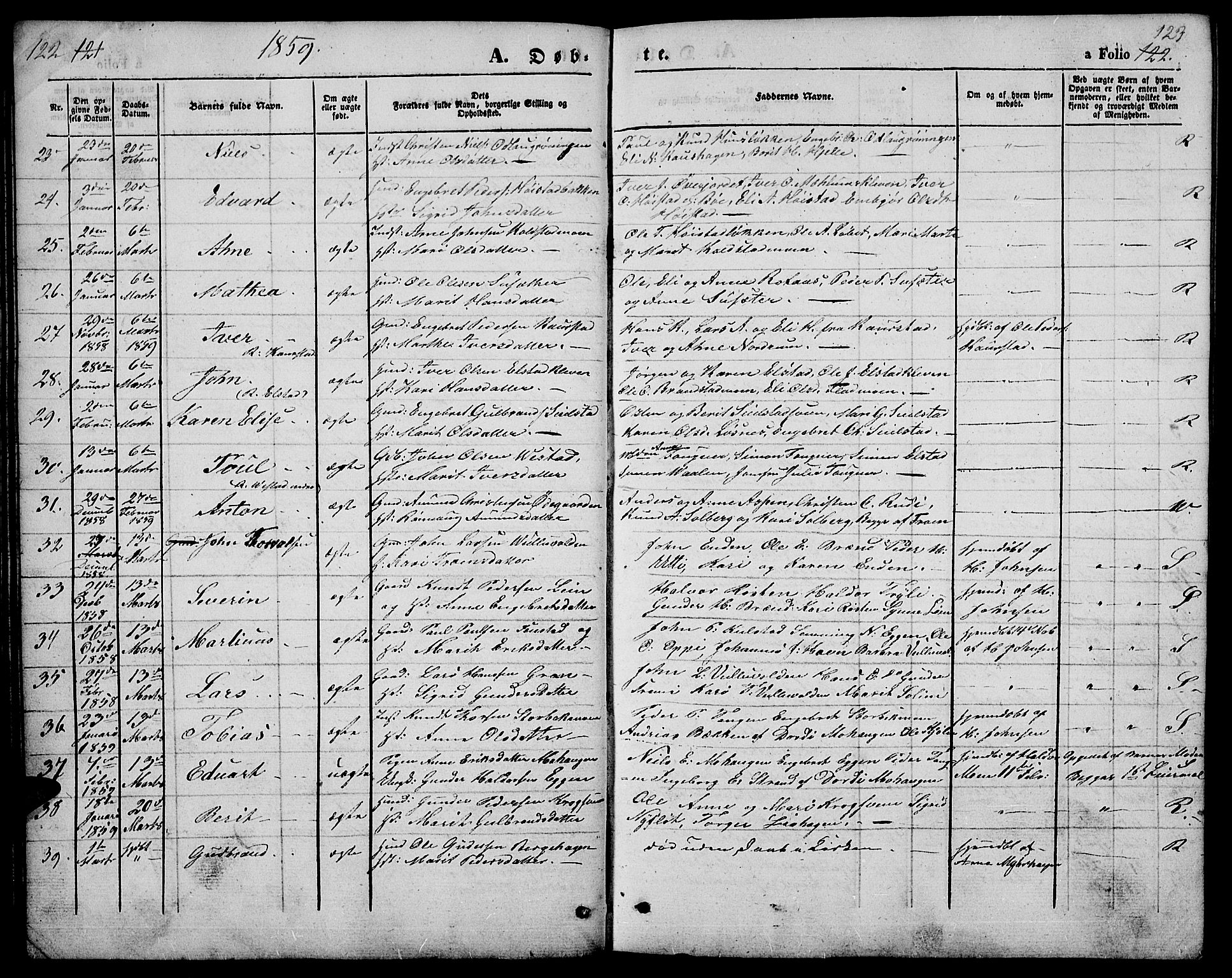 Ringebu prestekontor, AV/SAH-PREST-082/H/Ha/Hab/L0003: Parish register (copy) no. 3, 1854-1866, p. 122-123