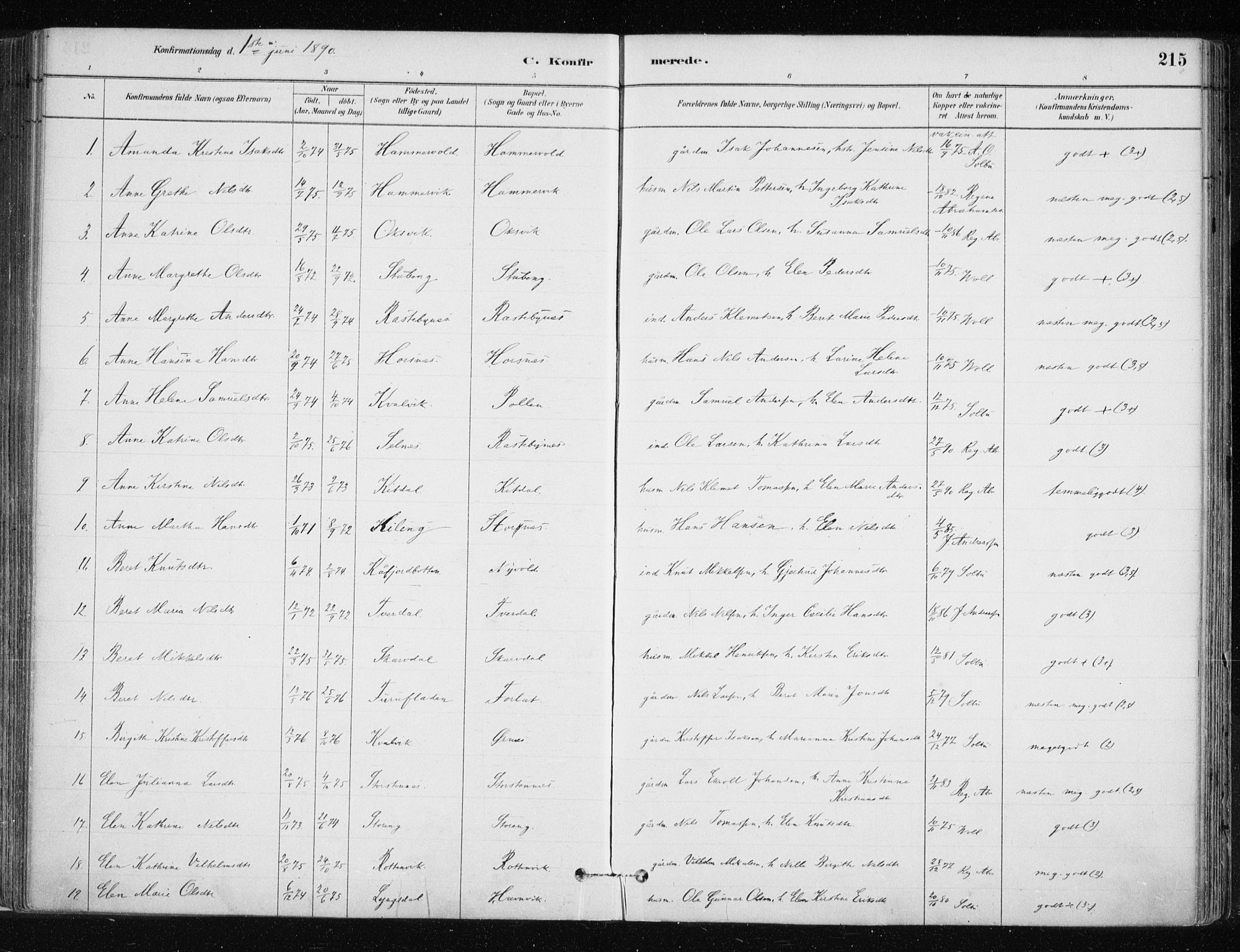 Lyngen sokneprestembete, AV/SATØ-S-1289/H/He/Hea/L0007kirke: Parish register (official) no. 7, 1879-1890, p. 215