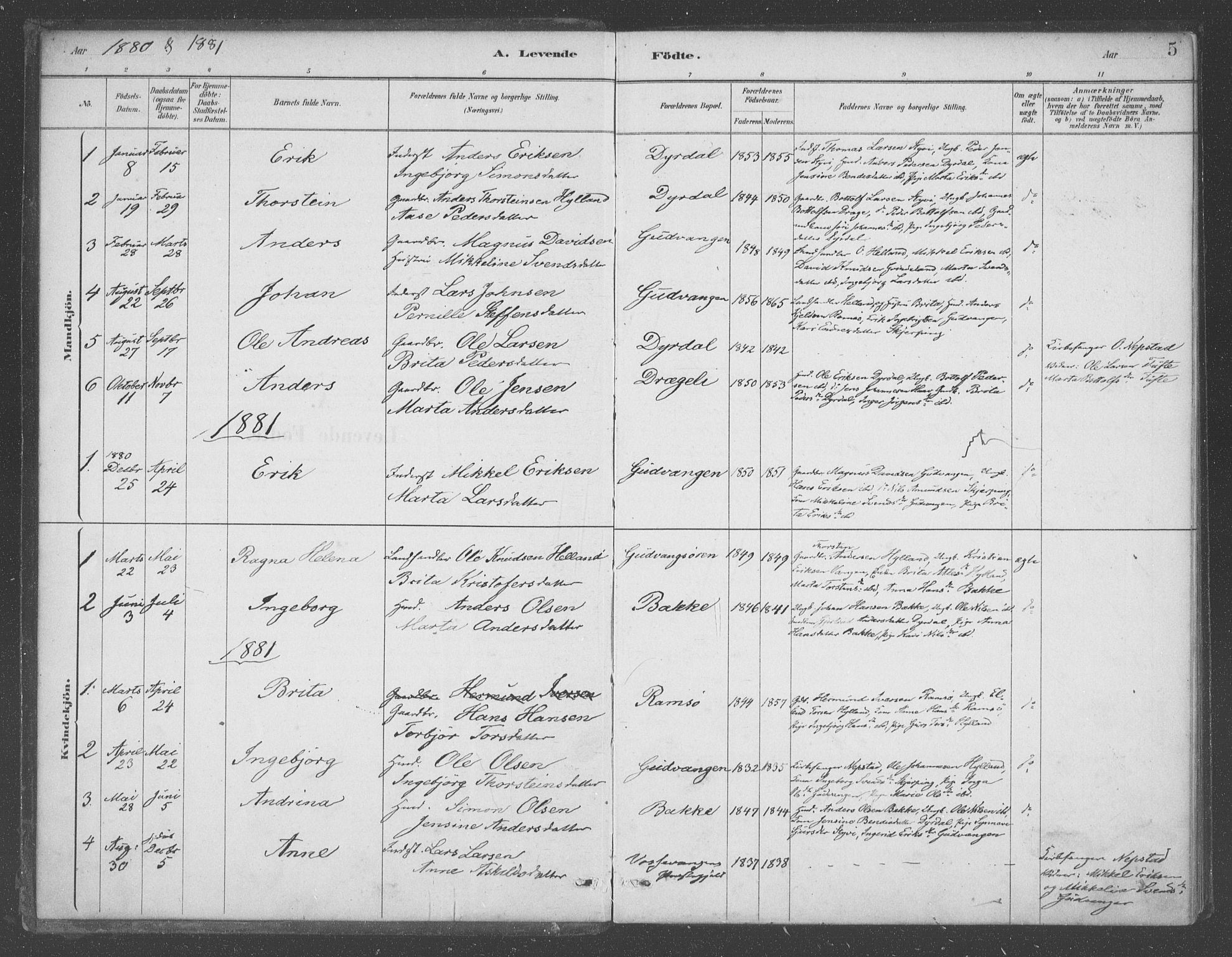 Aurland sokneprestembete, SAB/A-99937/H/Ha/Had/L0001: Parish register (official) no. D  1, 1880-1903, p. 5