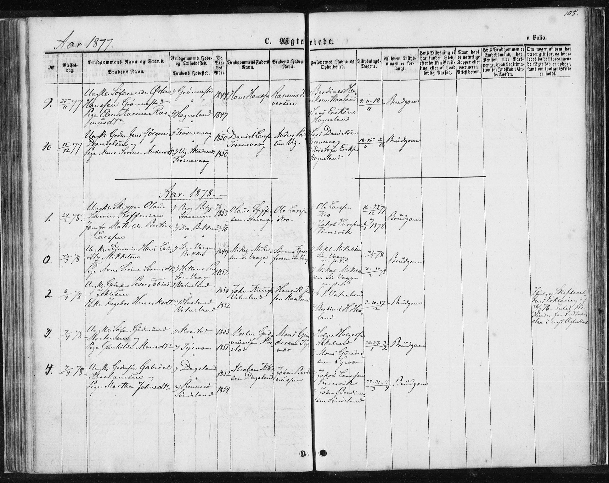 Tysvær sokneprestkontor, AV/SAST-A -101864/H/Ha/Haa/L0004: Parish register (official) no. A 4, 1857-1878, p. 105