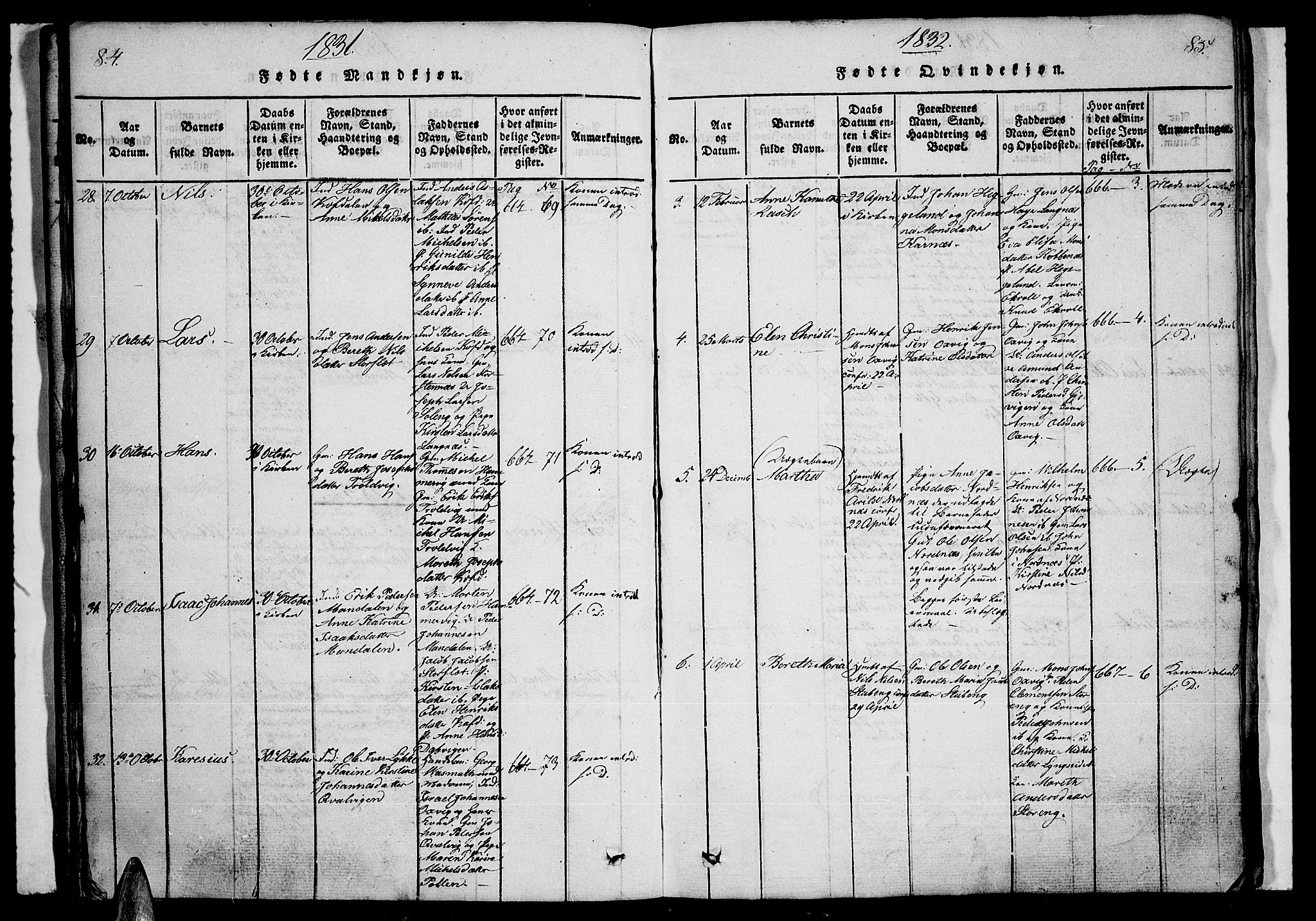 Lyngen sokneprestembete, AV/SATØ-S-1289/H/He/Heb/L0001klokker: Parish register (copy) no. 1, 1826-1838, p. 84-85