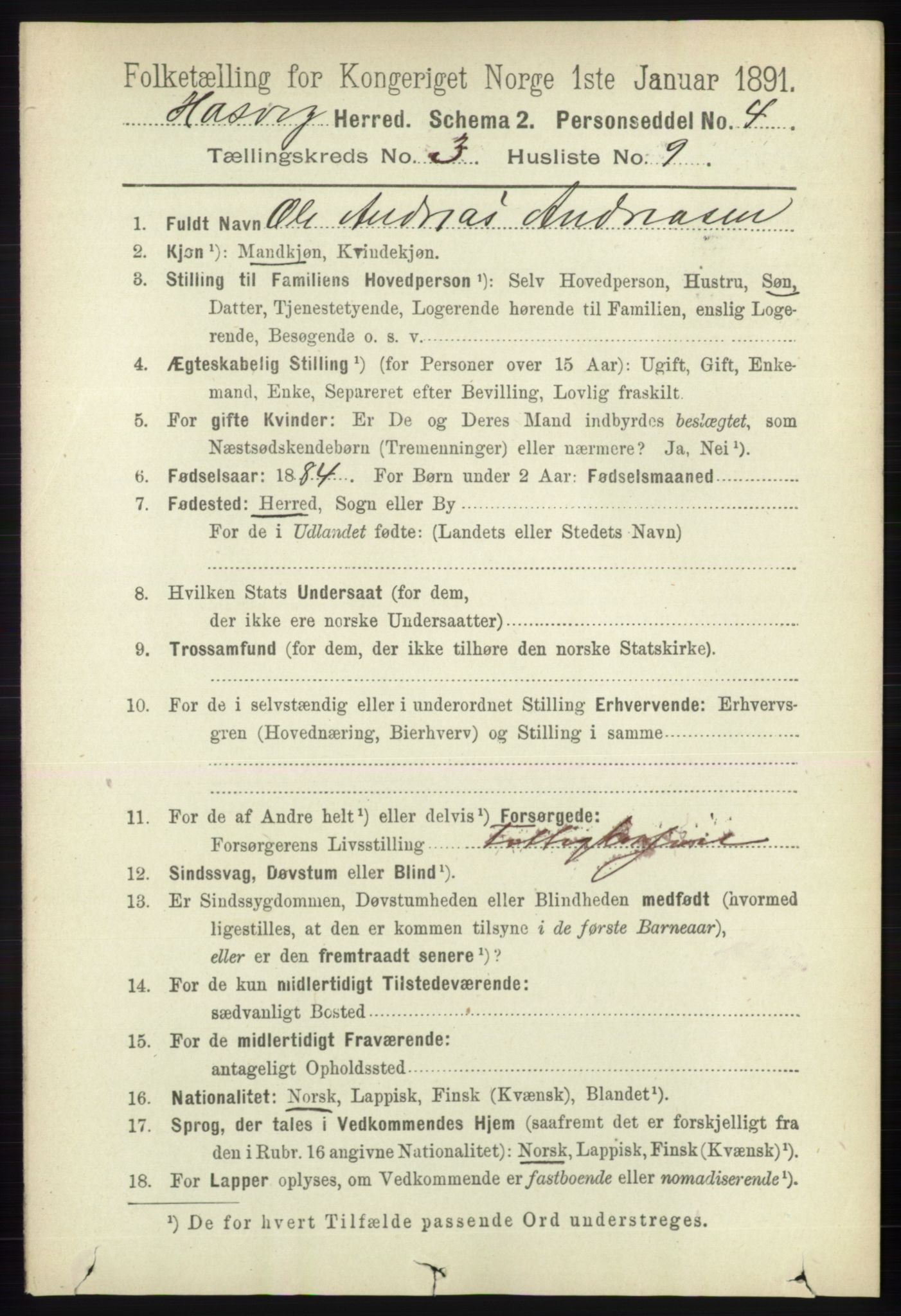 RA, 1891 census for 2015 Hasvik, 1891, p. 456