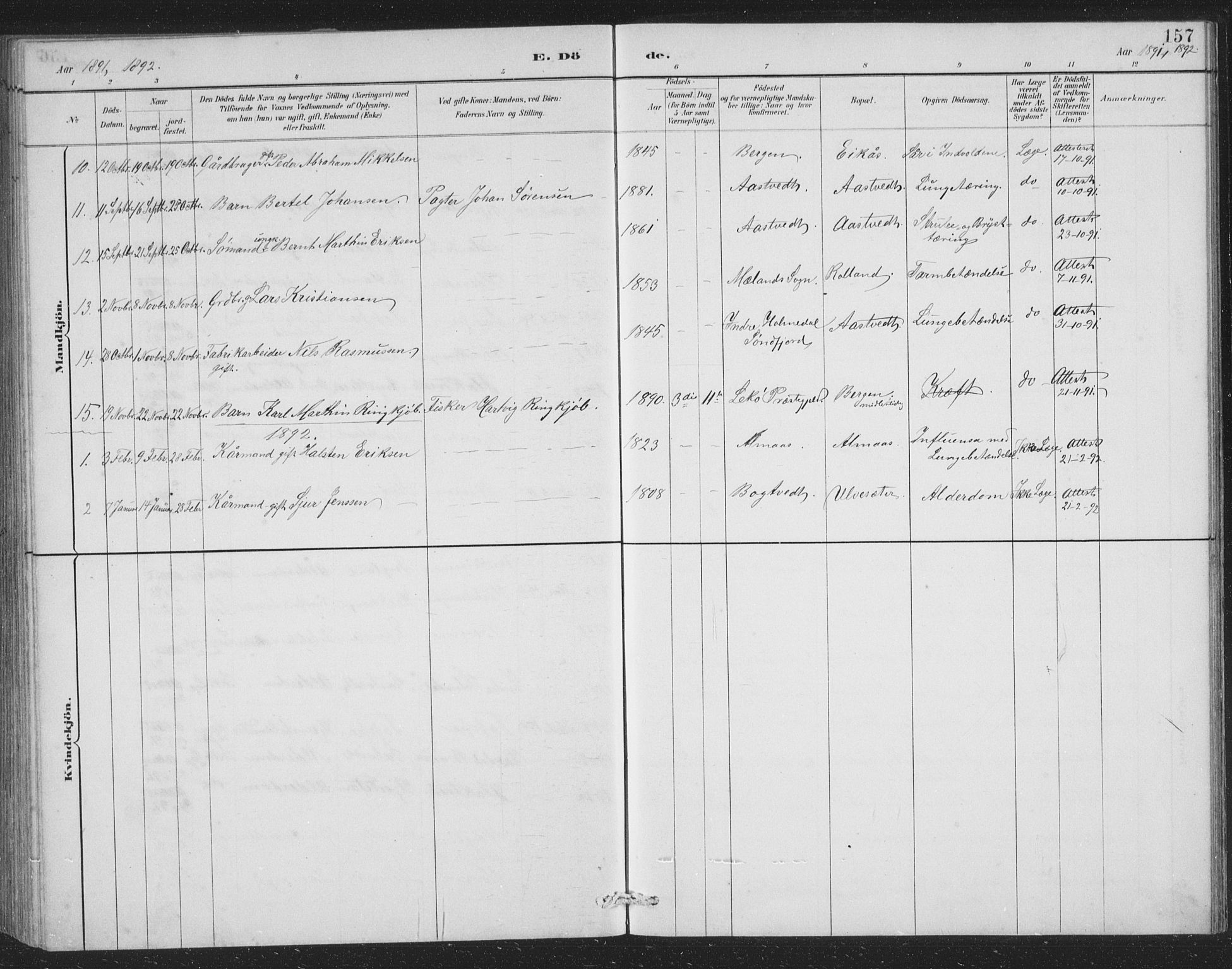 Åsane sokneprestembete, SAB/A-79401/H/Hab: Parish register (copy) no. A 2, 1885-1898, p. 157