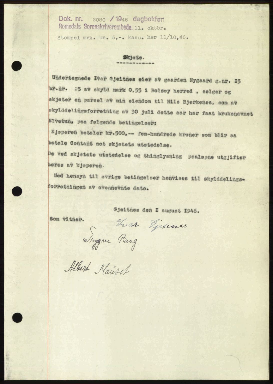 Romsdal sorenskriveri, AV/SAT-A-4149/1/2/2C: Mortgage book no. A21, 1946-1946, Diary no: : 2080/1946