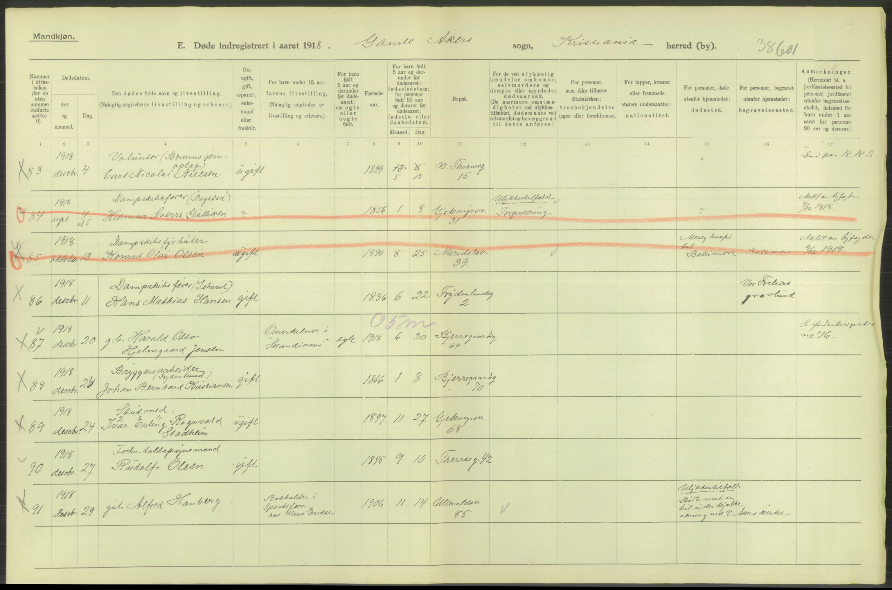 Statistisk sentralbyrå, Sosiodemografiske emner, Befolkning, RA/S-2228/D/Df/Dfb/Dfbh/L0010: Kristiania: Døde, 1918, p. 338