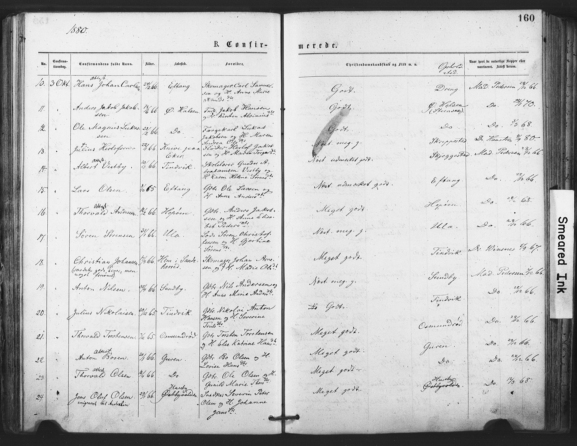 Tjølling kirkebøker, SAKO/A-60/F/Fa/L0008: Parish register (official) no. 8, 1877-1886, p. 160