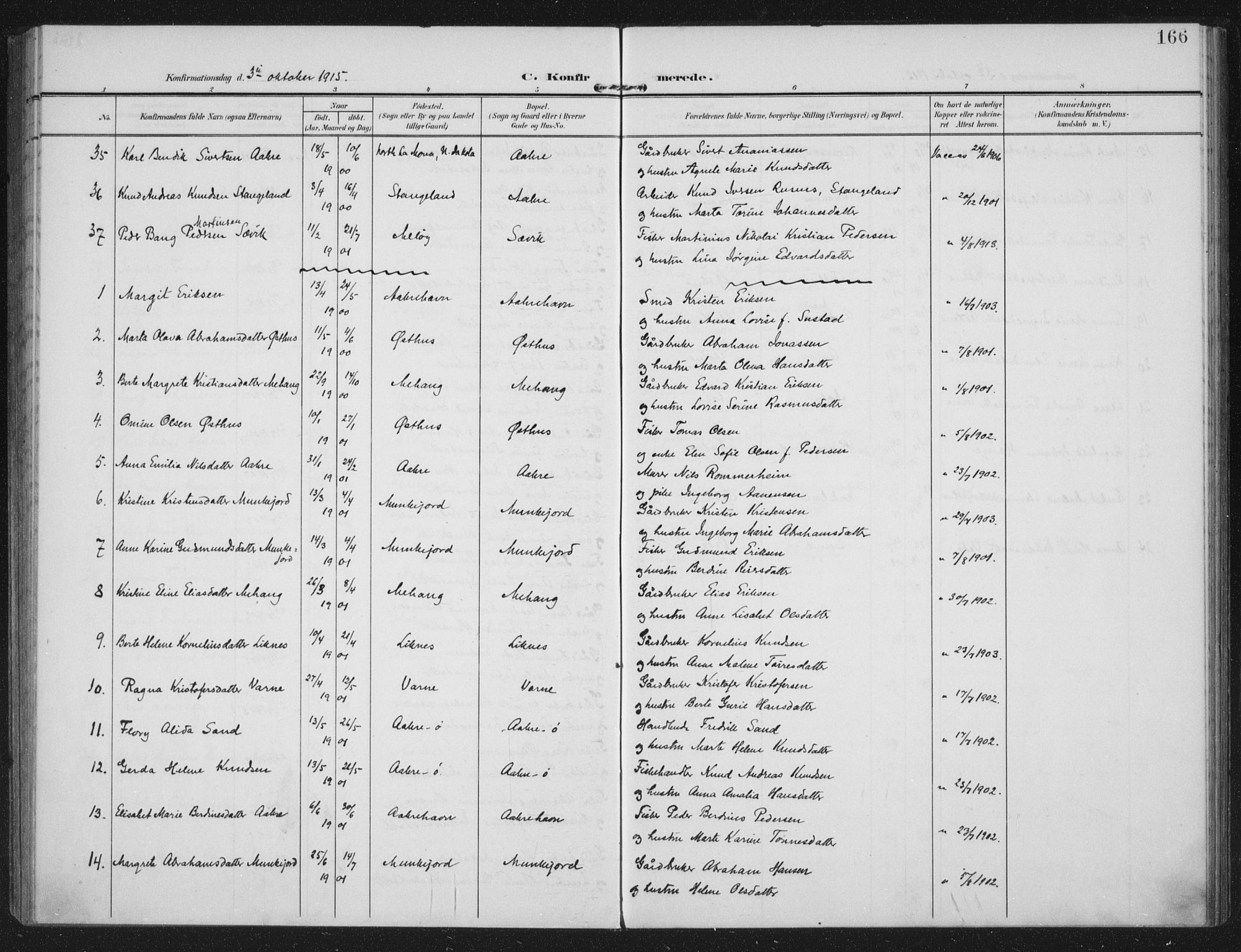 Kopervik sokneprestkontor, SAST/A-101850/H/Ha/Haa/L0005: Parish register (official) no. A 5, 1906-1924, p. 166