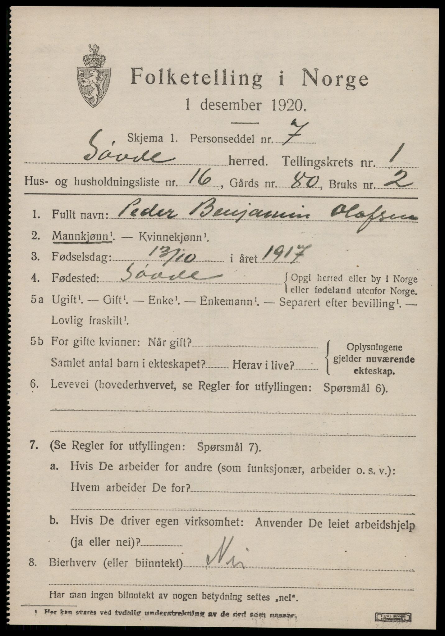 SAT, 1920 census for Syvde, 1920, p. 610