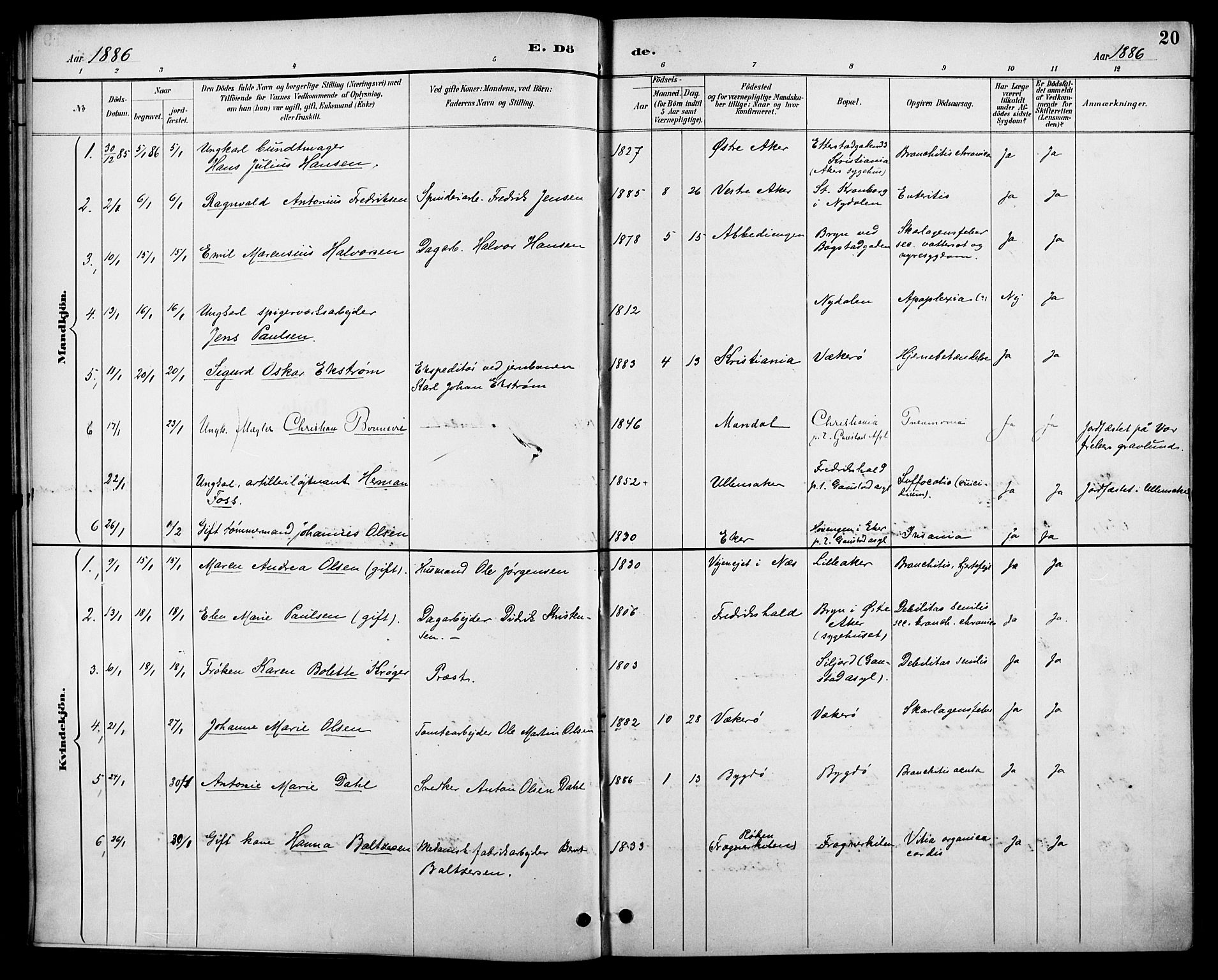 Vestre Aker prestekontor Kirkebøker, SAO/A-10025/F/Fa/L0011: Parish register (official) no. 11, 1886-1904, p. 20