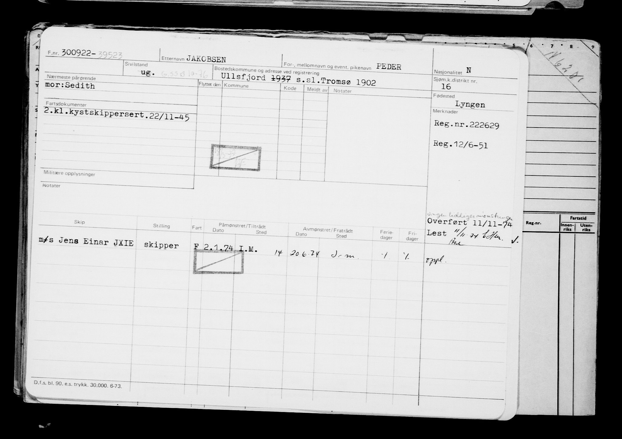 Direktoratet for sjømenn, RA/S-3545/G/Gb/L0210: Hovedkort, 1922, p. 927