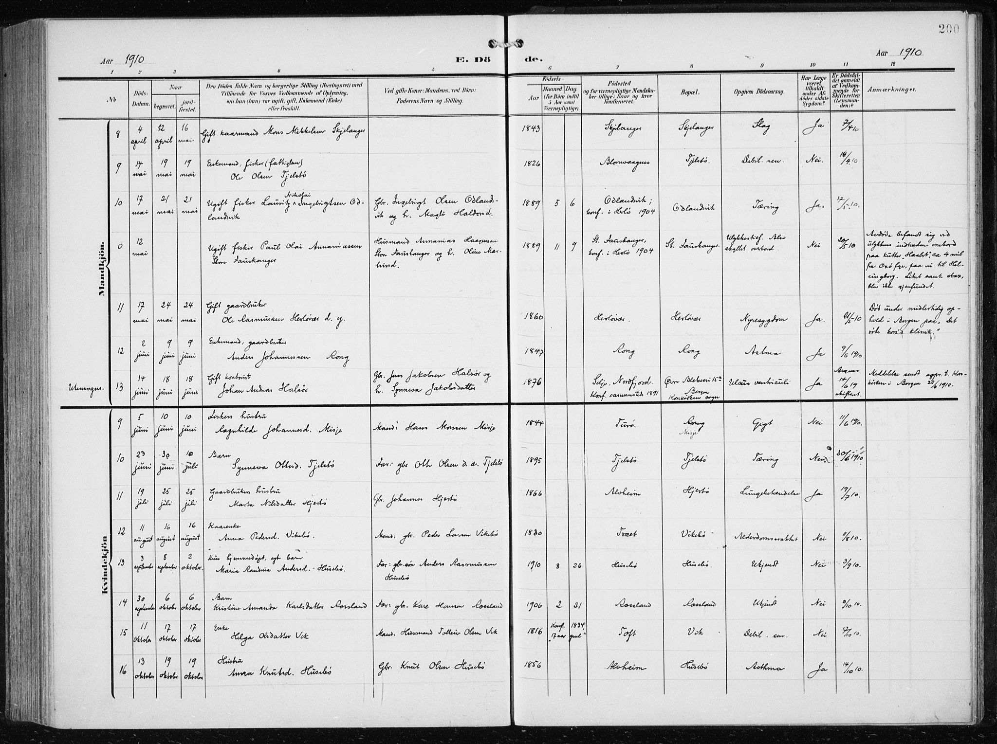 Herdla Sokneprestembete, AV/SAB-A-75701/H/Haa: Parish register (official) no. A 5, 1905-1918, p. 200