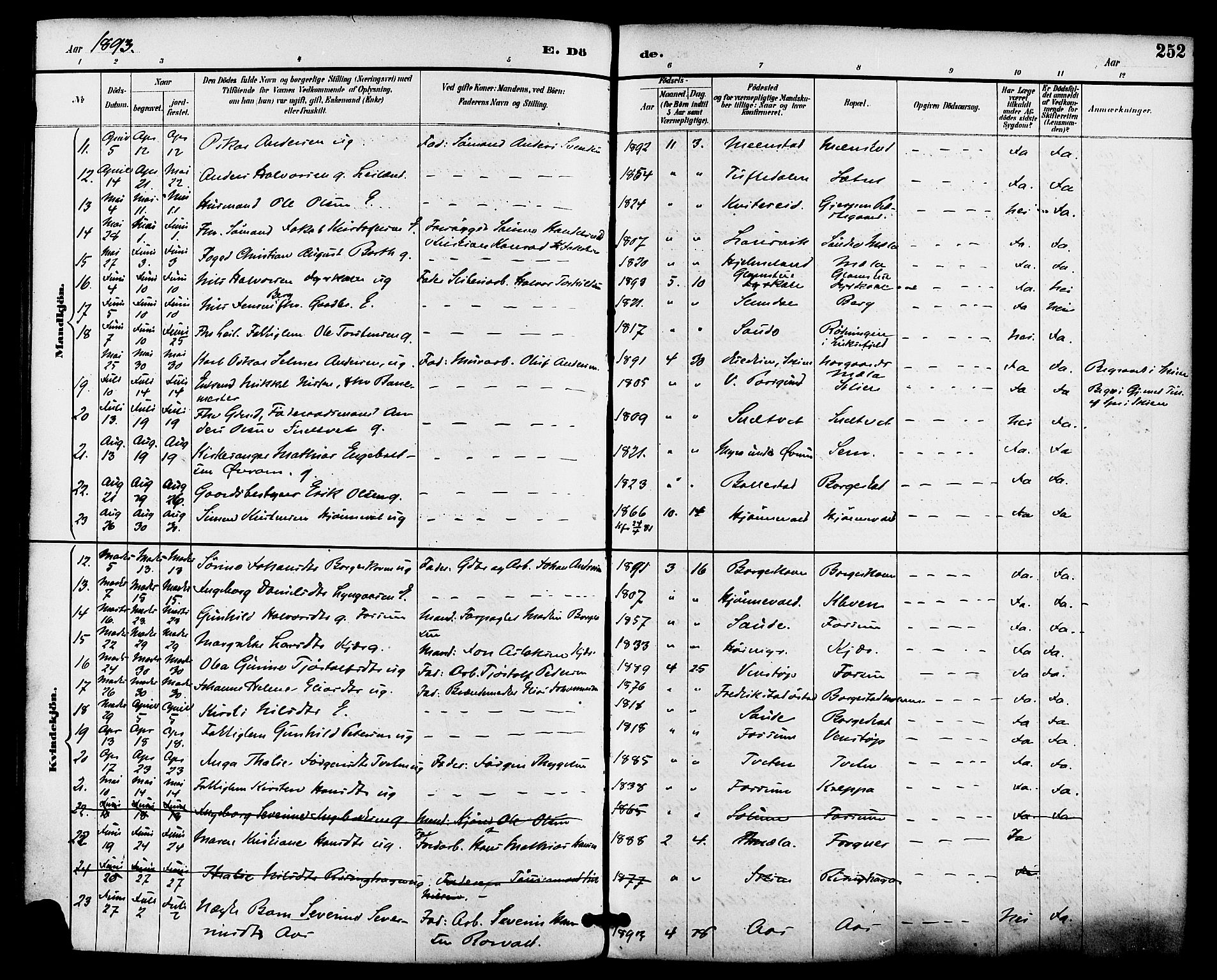 Gjerpen kirkebøker, SAKO/A-265/F/Fa/L0010: Parish register (official) no. I 10, 1886-1895, p. 252