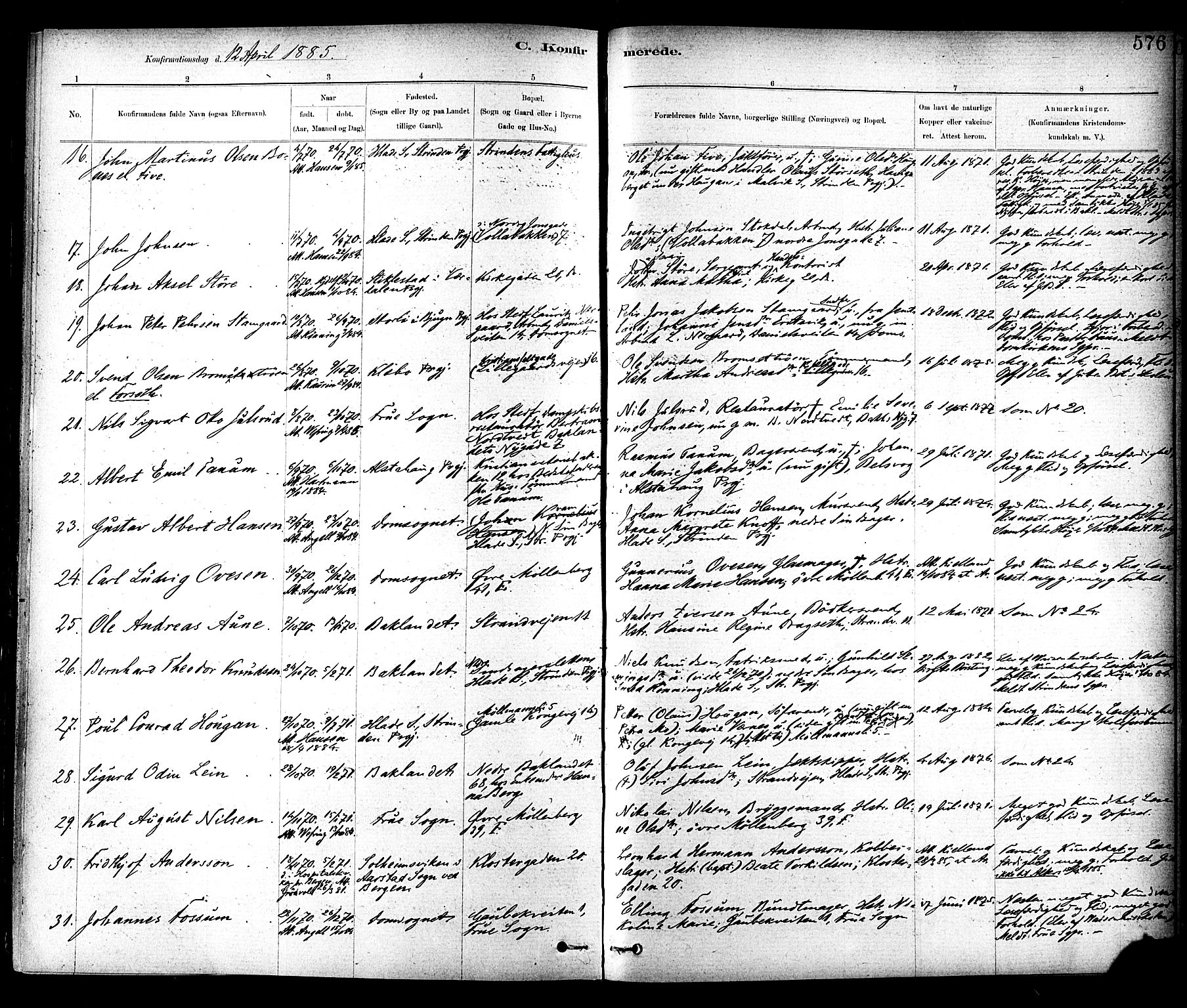 Ministerialprotokoller, klokkerbøker og fødselsregistre - Sør-Trøndelag, SAT/A-1456/604/L0188: Parish register (official) no. 604A09, 1878-1892, p. 576