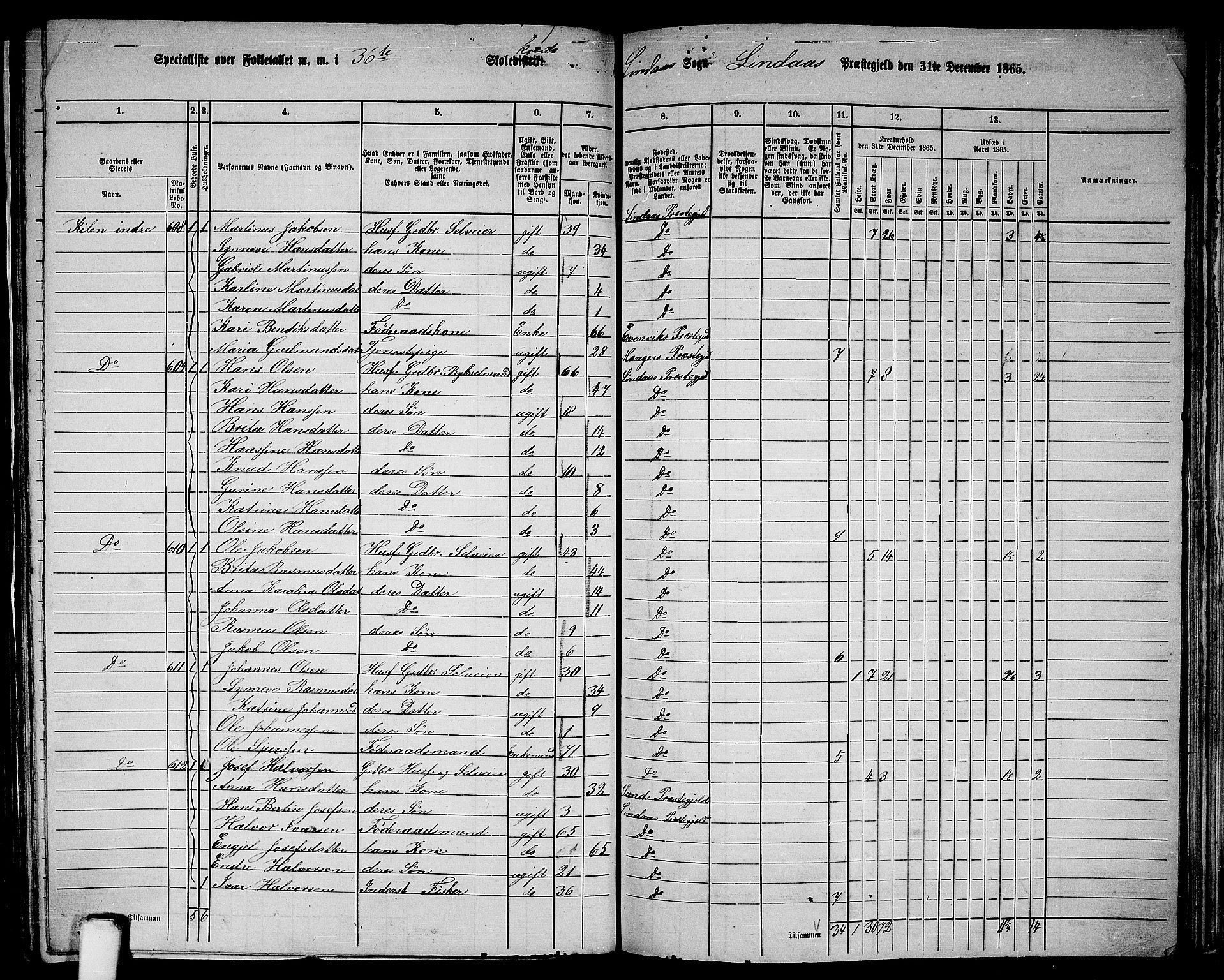 RA, 1865 census for Lindås, 1865, p. 231